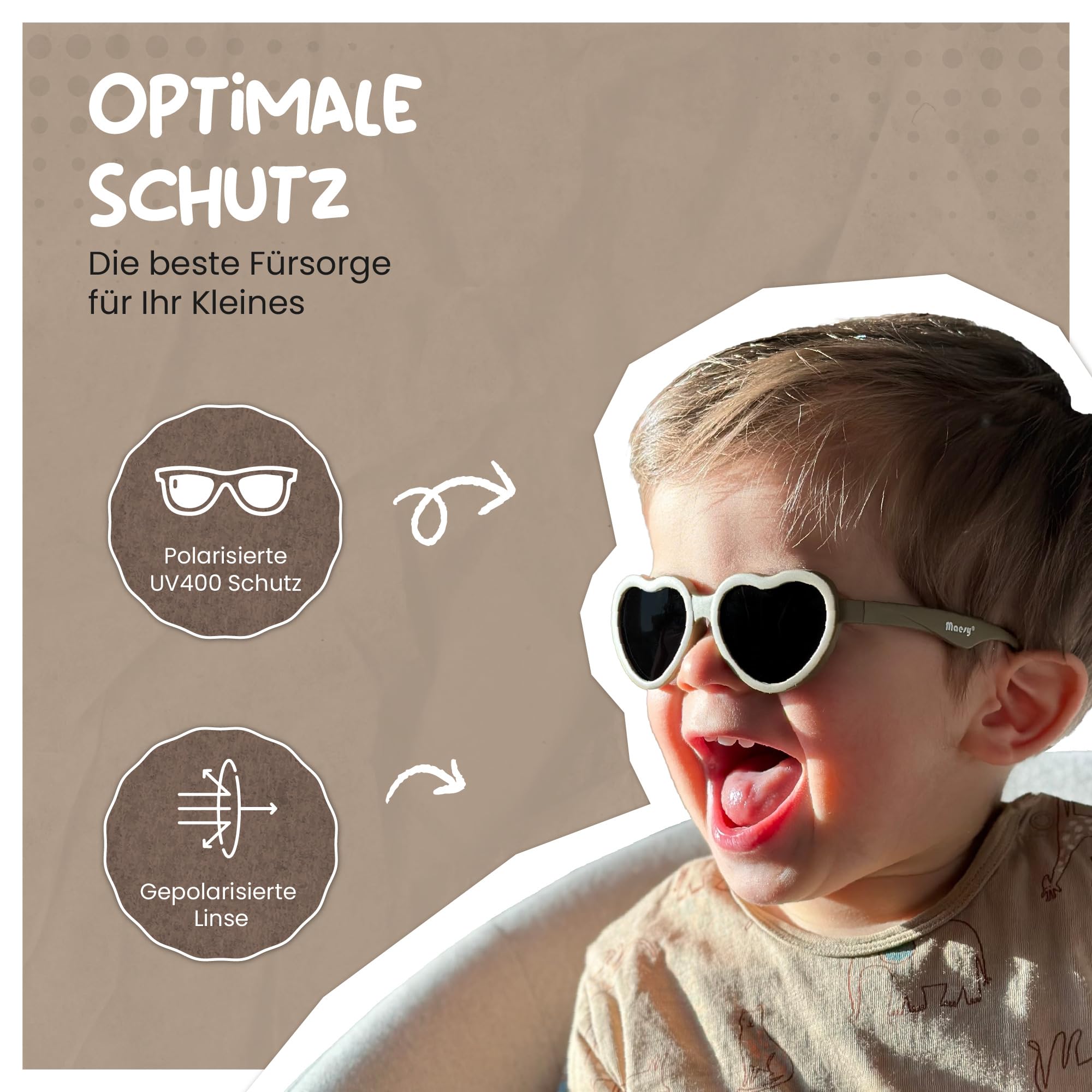 Baby Sonnenbrille für 0-2 Jahre - UV400 Polarisierter Schutz - Flexibler und Biegsamer Rahmen - Verstellbares Gummiband - Sichere und Bequeme Babysonnenbrillen - Herz - Maes