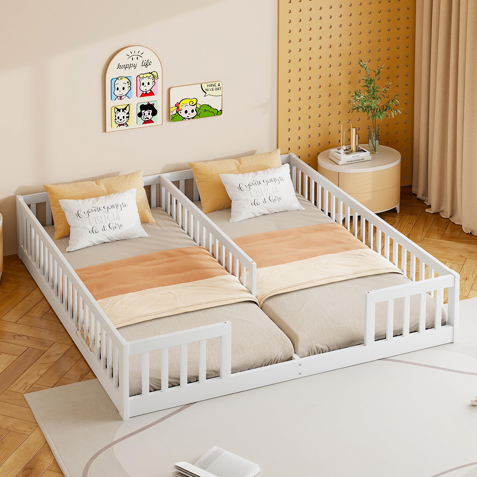 Montessori Letto a Terra per Bambini 90 x 200 cm, Lettino per bambini con Sponda e Rete a doghe, Letto Piazza e Mezza per Bambini, Struttura in Legno di Pino