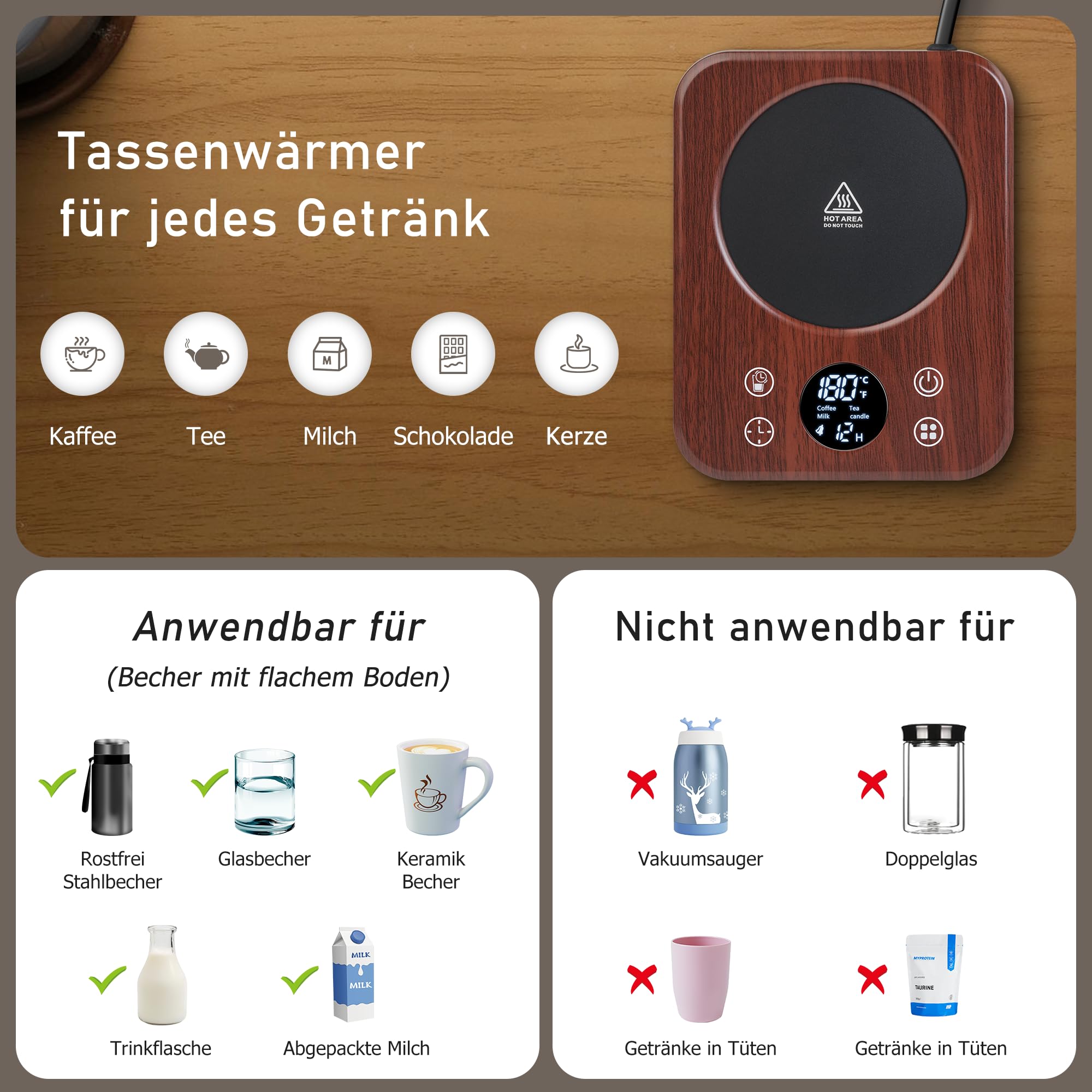 Calentador para Taza Inteligente 9 Niveles Temperatura 40℃-80℃ Apagado Automático 8 Horas Café Leche Té Madera