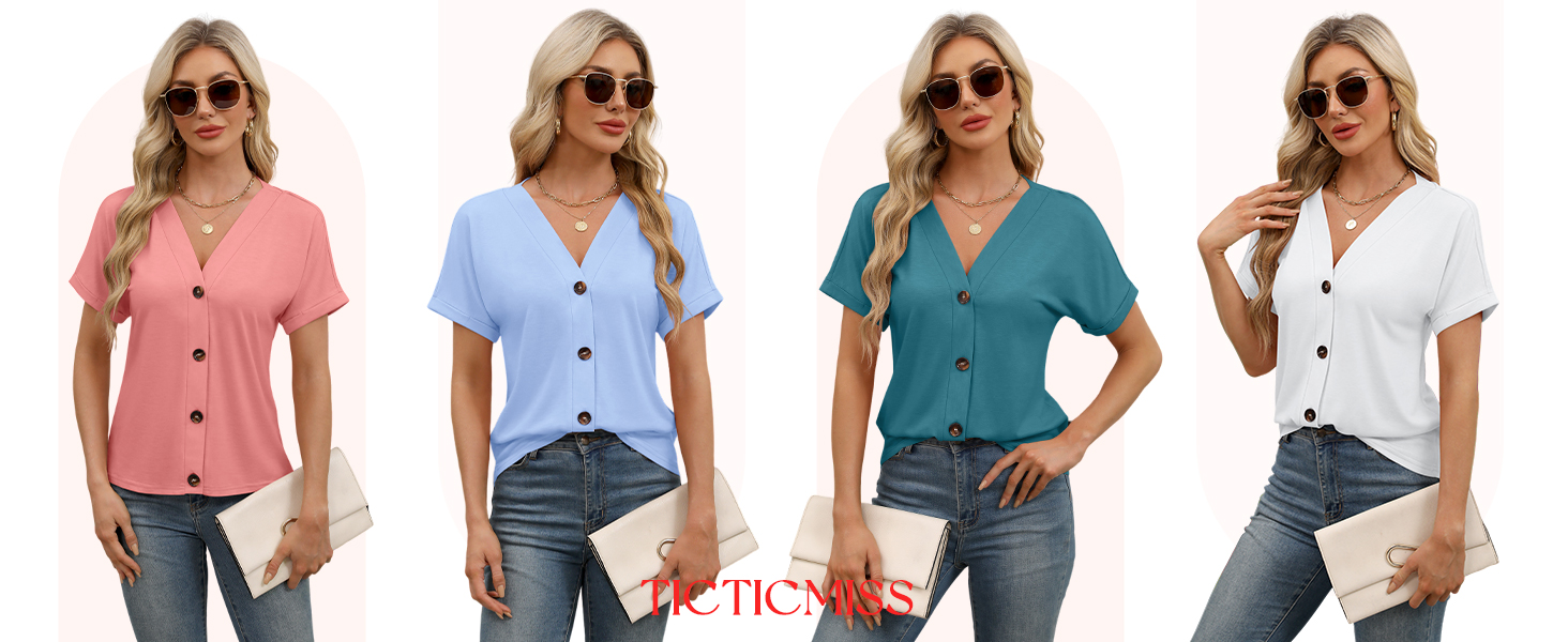 TICTICMISS Womens Summer Tops Short Sleeve Button Down Shirts