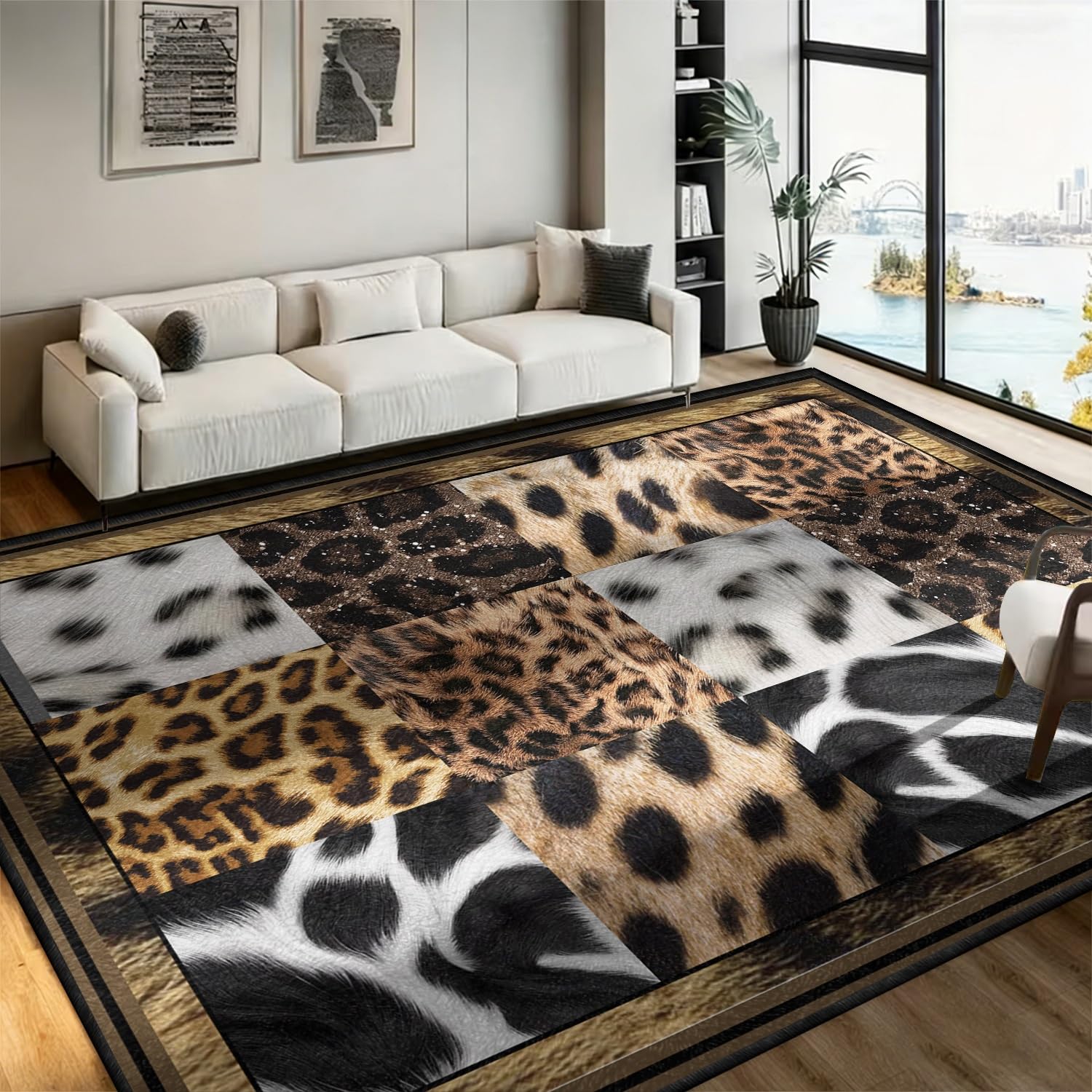ZCLRUG Cheetah Area Rug,160x230cm,Zebra Deer Cow Hide Leopard Print Rug,Low-Pile and Washable Fur Area Rug,Luxury Patchwork Cheetah Carpet Mat,for Bedroom Living Room Rustic Farmhouse Cabin Decor