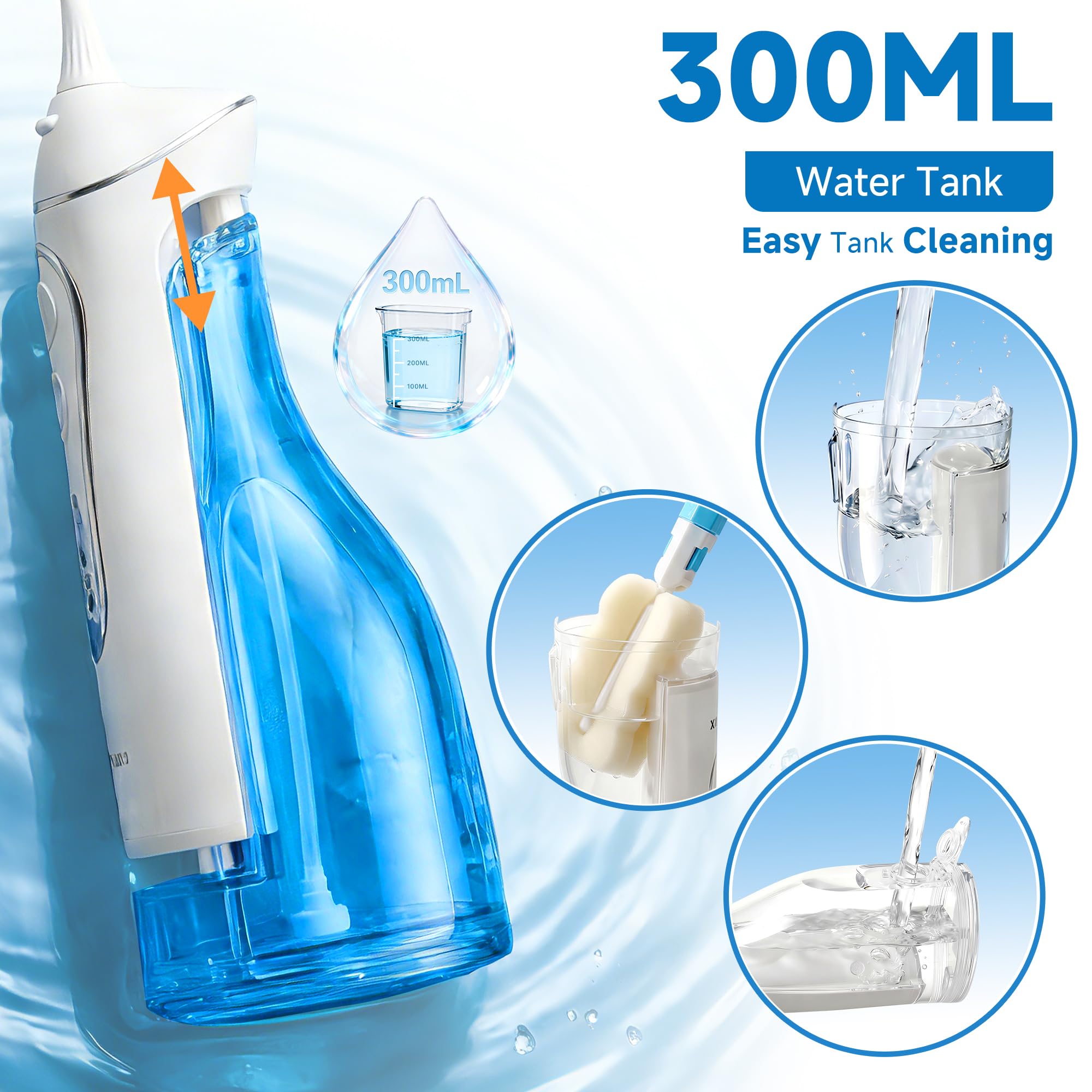 Idropulsore senza fili per la pulizia dei denti e le parentesi graffe, filo interdentale portatile 300 ml, ricarica rapida USB-C, impermeabile IPX7, 4 modalità di pulizia, 5 punte, custodia da viaggio