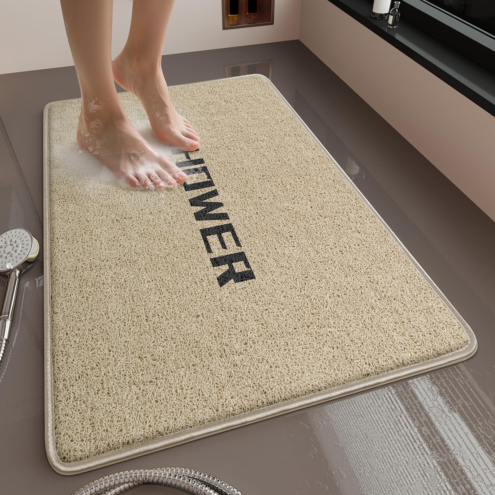 Muecleao Loofah Shower Mat, Non Slip Anti Mould Bath Mats with Reinforced Edge for Inside Shower, Washable Antibacterial Soft PVC Bath Mat with Drain (Beige Shower, 80 x 50 cm)