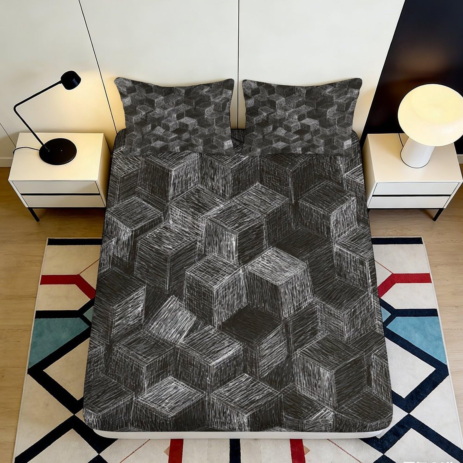 3D Printed Geometric Cubes Fitted Sheet Microfiber Durable Soft 3D Printed Cube Pattern Mattress Cover for Bedroom Dormitory Guest Room Protection 90x200x25cm