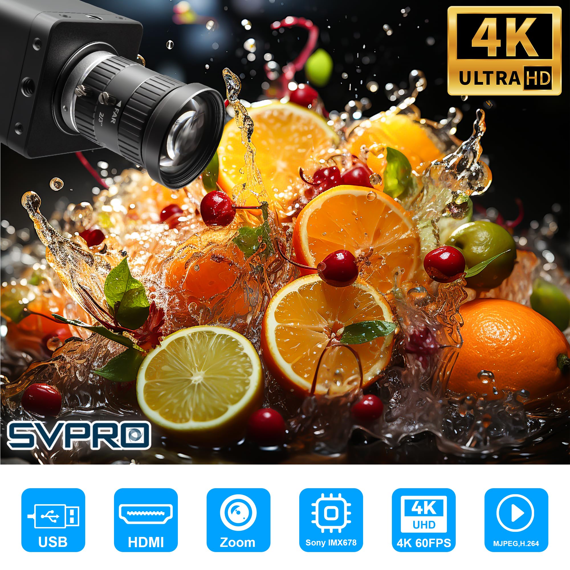 Svpro Fotocamera industriale 4K 60fps, USB 3.0 e HDMI Dual Output, obiettivo manuale CS-Mount da 8 mm, IMX678 Low Light UVC Webcam per microscopia e visione a macchina