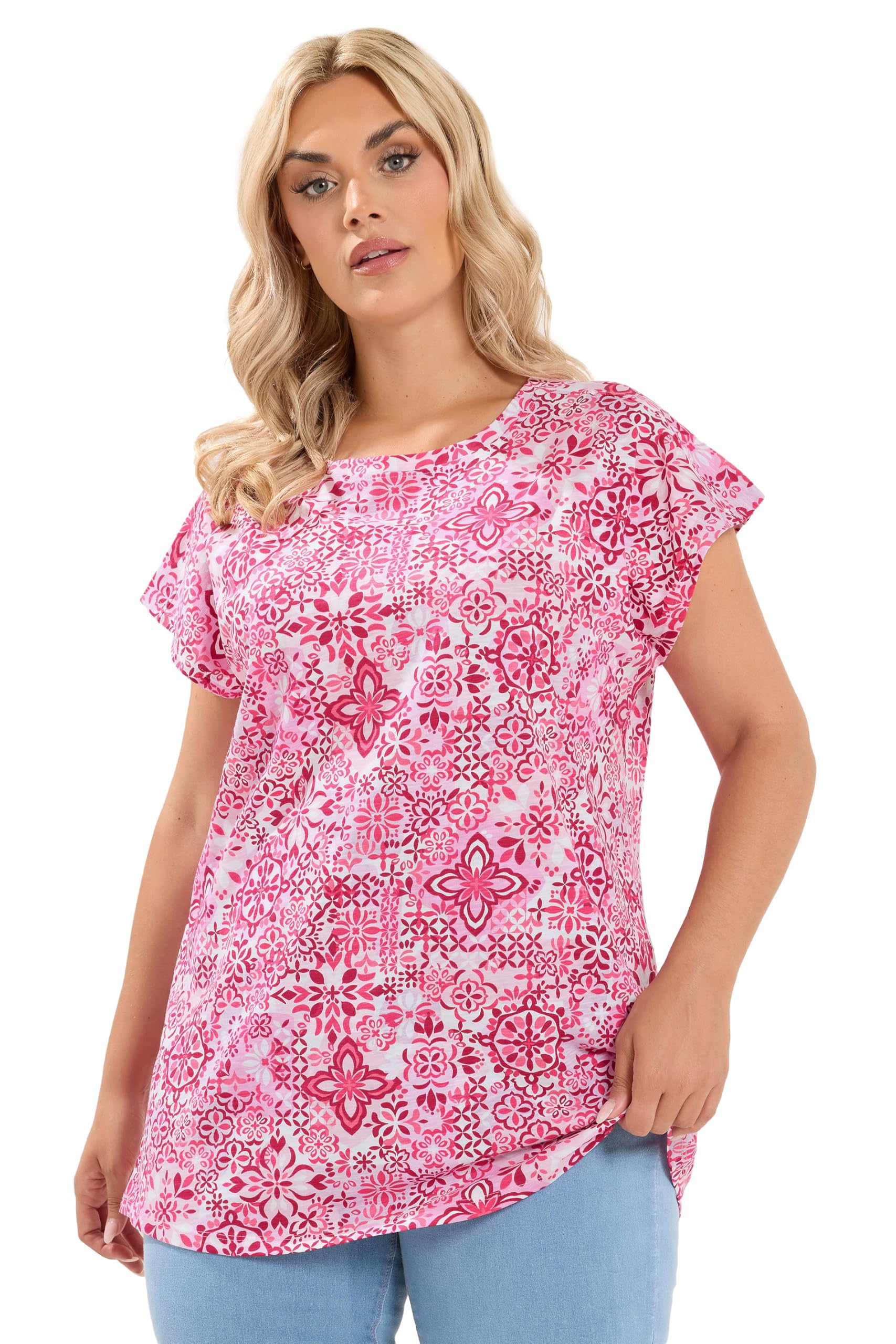 Yours Women's Pink Tile Print Grown On Sleeve T-Shirt In | : Size 20