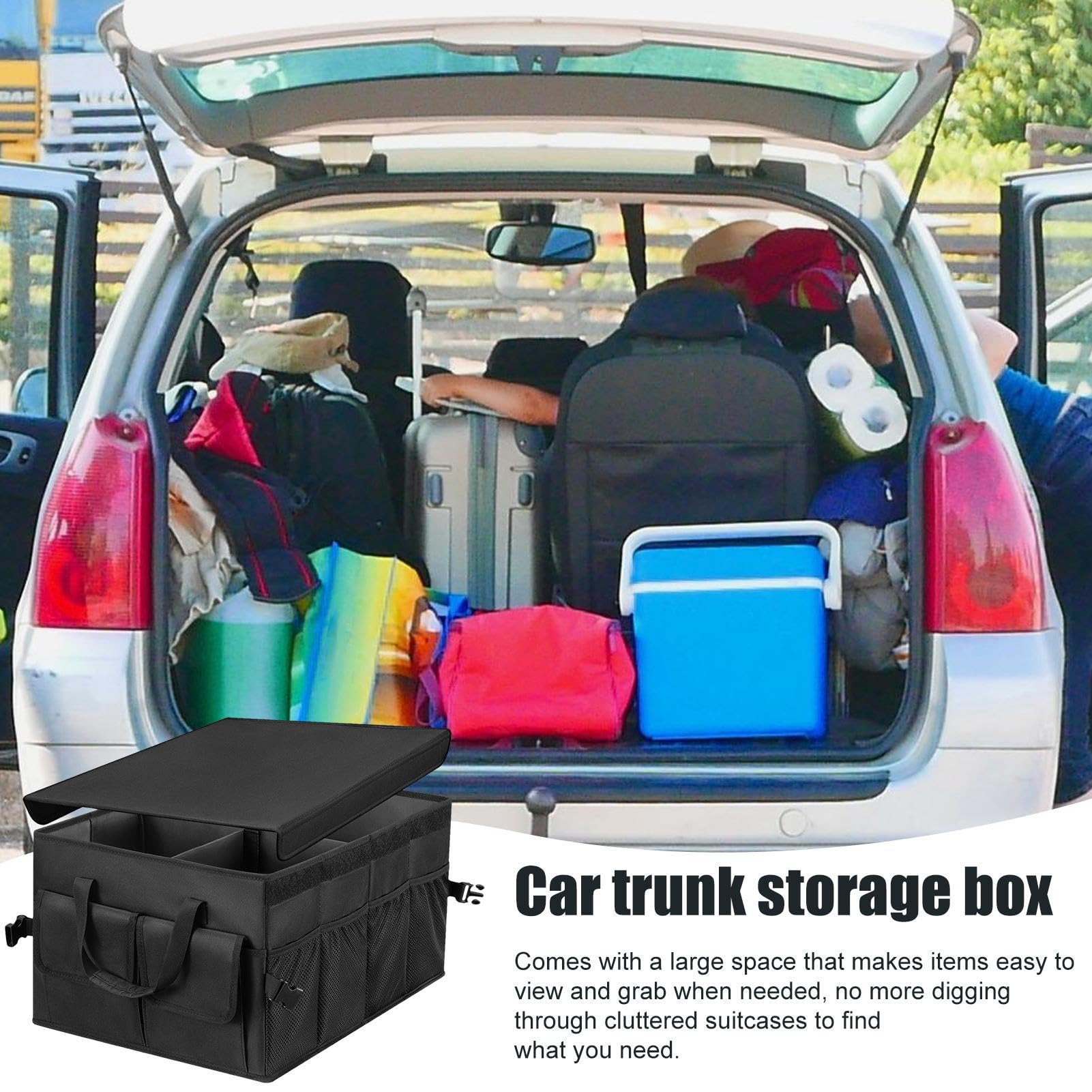 Organiseur de coffre de voiture, grande capacité, sangles de sécurité Oxford avec fond antidérapant pour toute voiture, SUV, -fourgonnette