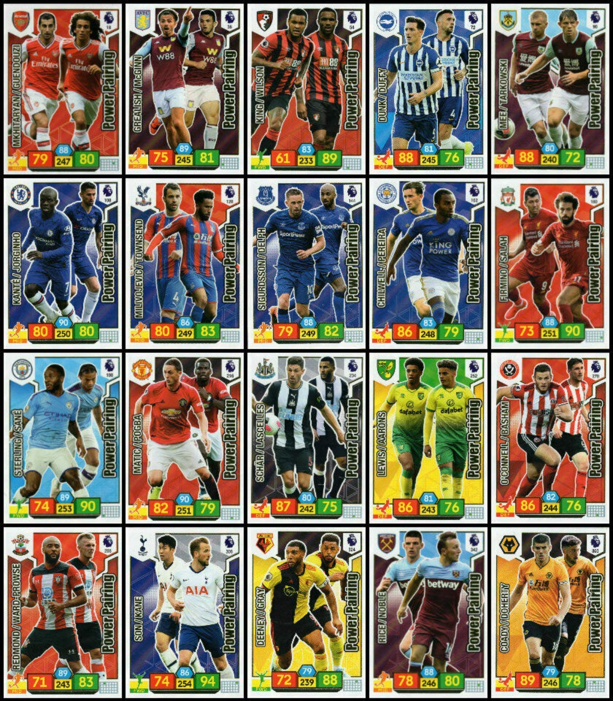 Panini Adrenalyn XL PREMIER LEAGUE 2019/20 FULL SET OF TWENTY (20) POWER PAIRING TRADING CARDS