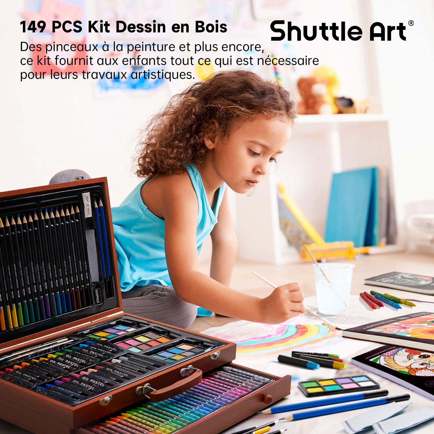 Shuttle Art 149 Pièces Malette Dessin, Kit Dessin Inclus Crayon de Couleurs, Pastels, Aquarelle,Livre de Coloriage, Bloc, Idéal pour Adultes