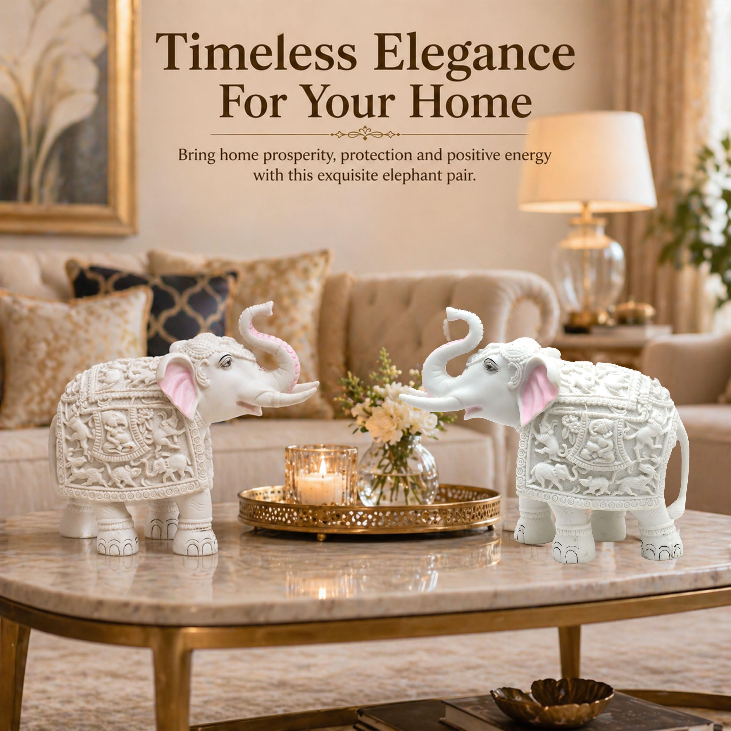 Heavy White Elephant Pair for Mandir Base & Home Temple Decor | 8x9 inch Solid Marble Dust Resin Elephant Statues for Corian Mandir Entrance | Vastu Showpiece Set for Living Room — photo — 6 of 7
