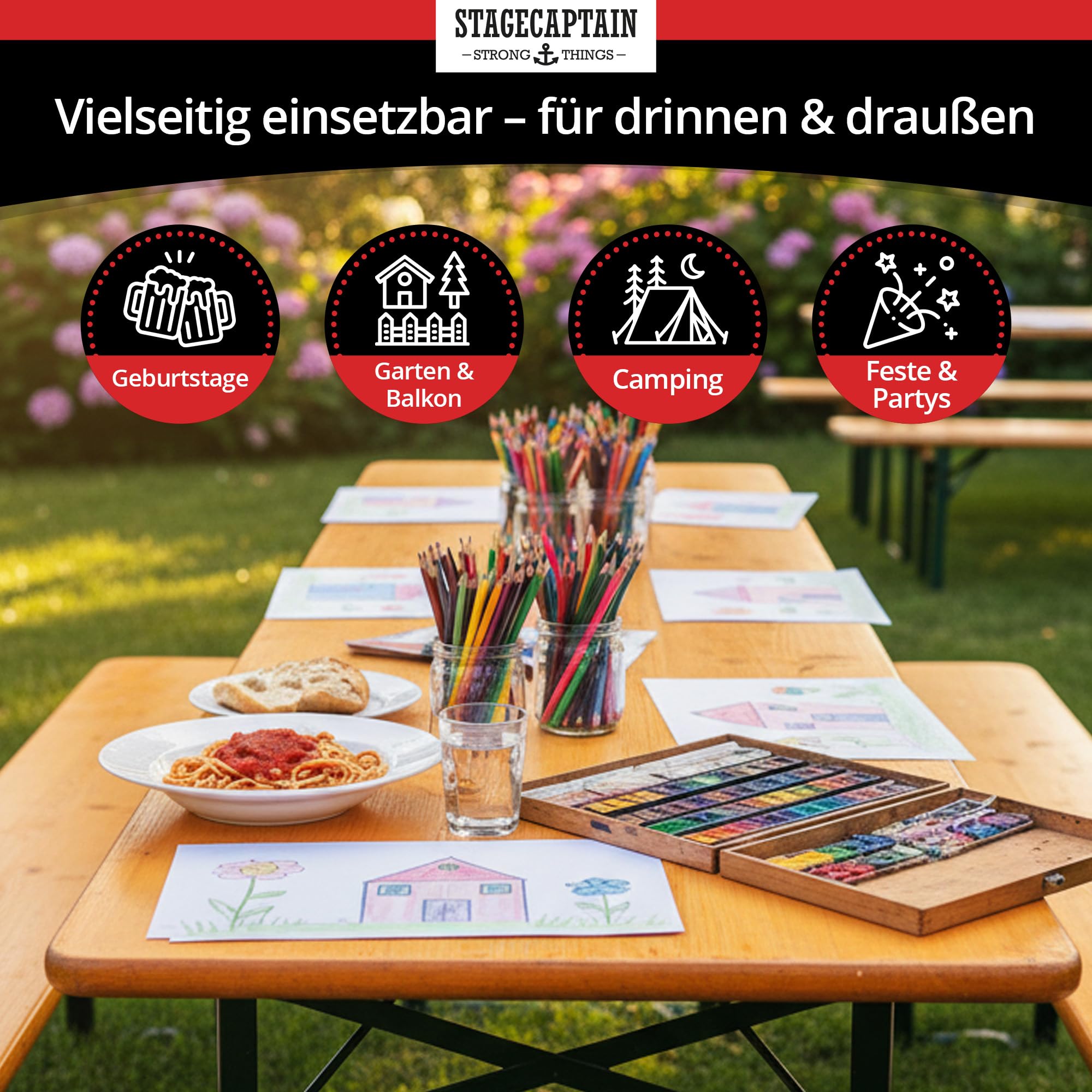 Stagecaptain BBK-110 Hirschgarten Bierzeltgarnitur für Kinder - Kurze Version mit 110 cm Länge - Klappbare Festzeltgarnitur 1x Tisch 2X Bank - Sitzgarnitur aus Holz - Innen & Außenbereich - Natur