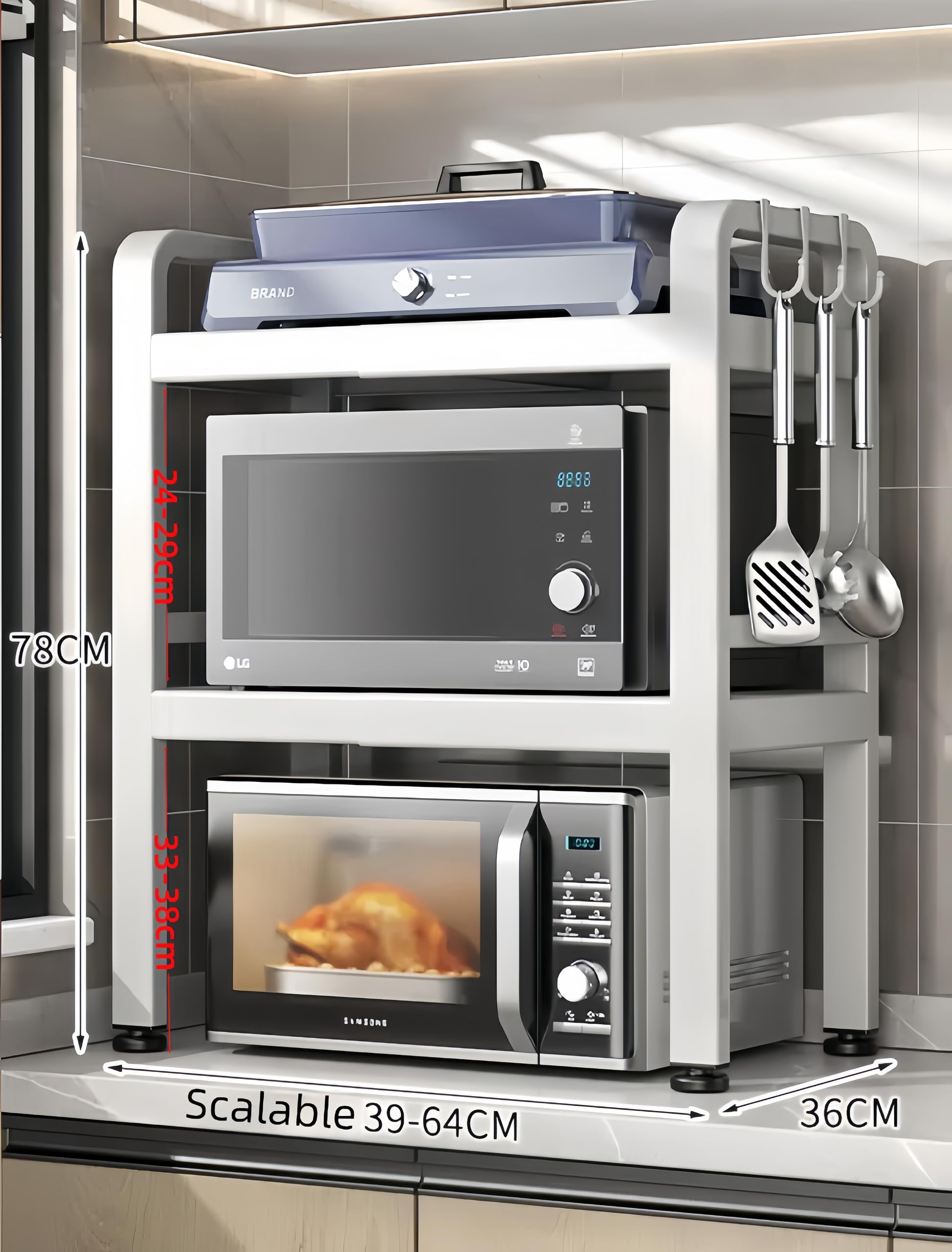 Estante blanco expandible de doble capa para horno microondas, estante para encimera de cocina con 6 ganchos, estante de almacenamiento que ahorra espacio, 15-25 pulgadas de largo x 14.1