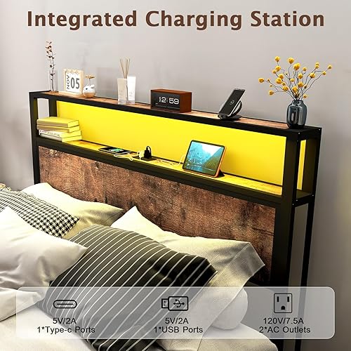 Miniatura 4 de Base de cama LED Queen con cabecera de almacenamiento de 2 niveles y estación de carga, camas de metal tamaño Queen con 2 salidas de CA, 1 puerto