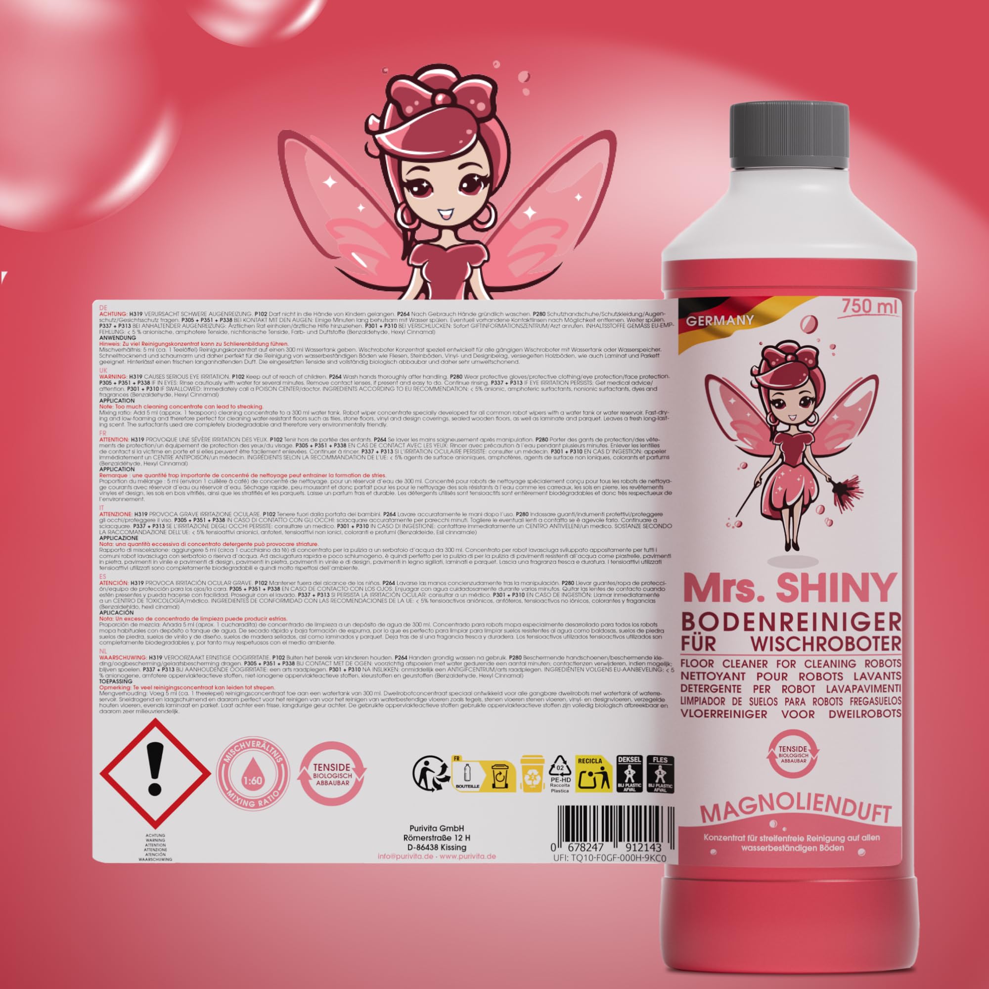 Mrs. SHINY - Detersivo per lavapavimenti con fragranza di magnolia - Pulizia senza striature e asciugatura rapida - Compatibile con vari modelli di lavapavimenti - 750 ml