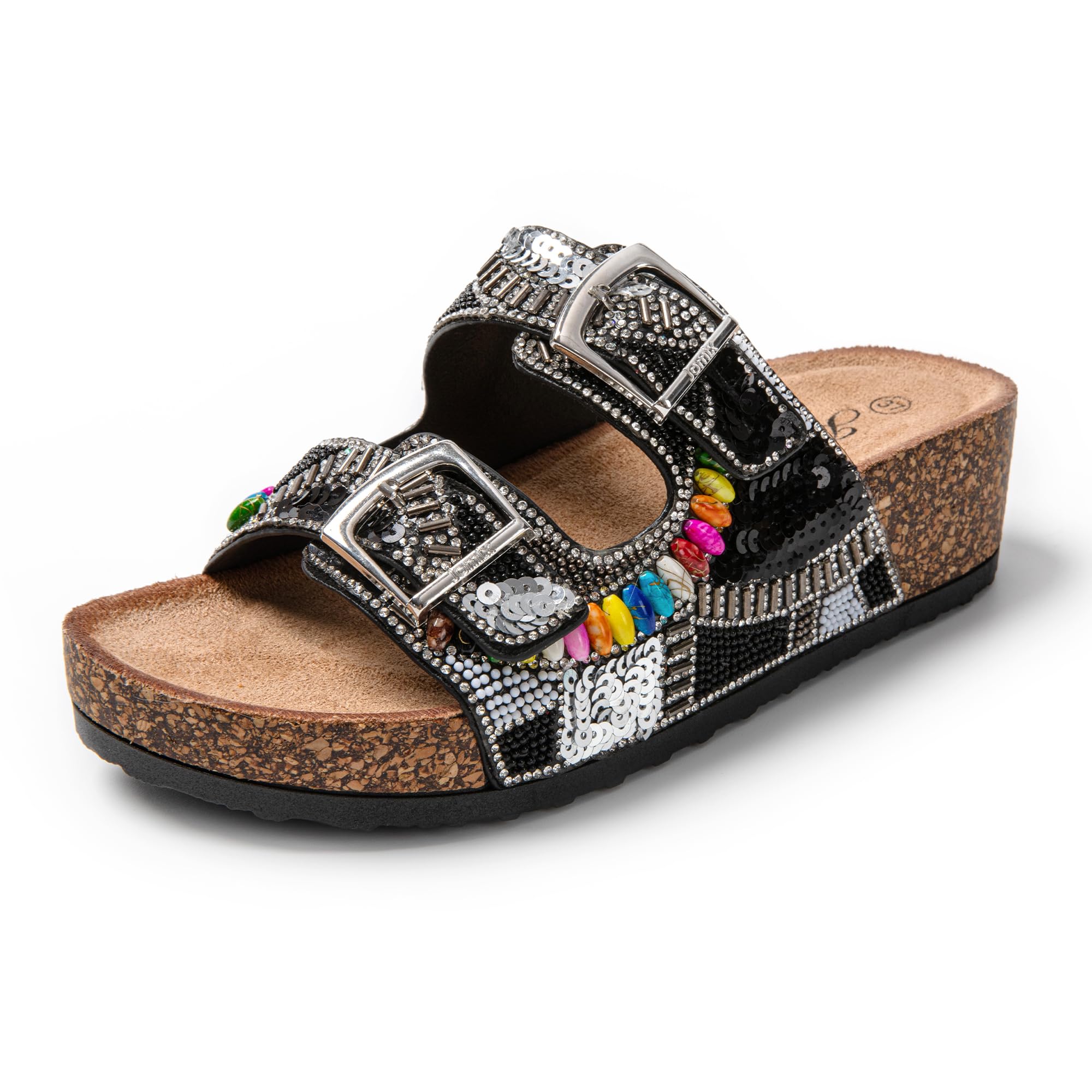 JOMIX Damen Pantoletten Glitzer Clogs Sandalen Plateau Bequeme Kork Strand Sommerschuhe