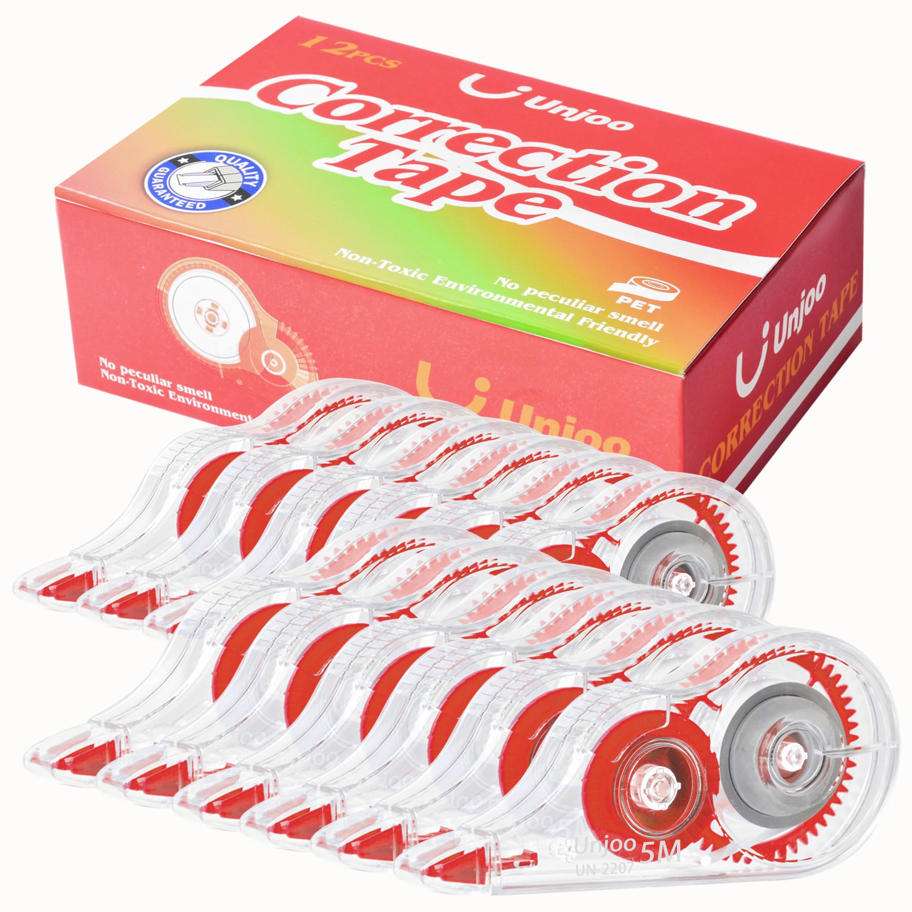 Unjoo Cinta correctora blanca, aplicador fácil de usar para correcciones instantáneas, escritura incorrecta en cualquier momento, para la escuela, la oficina (paquete de 12, 5 m x 0.2 pulgadas, rojo)