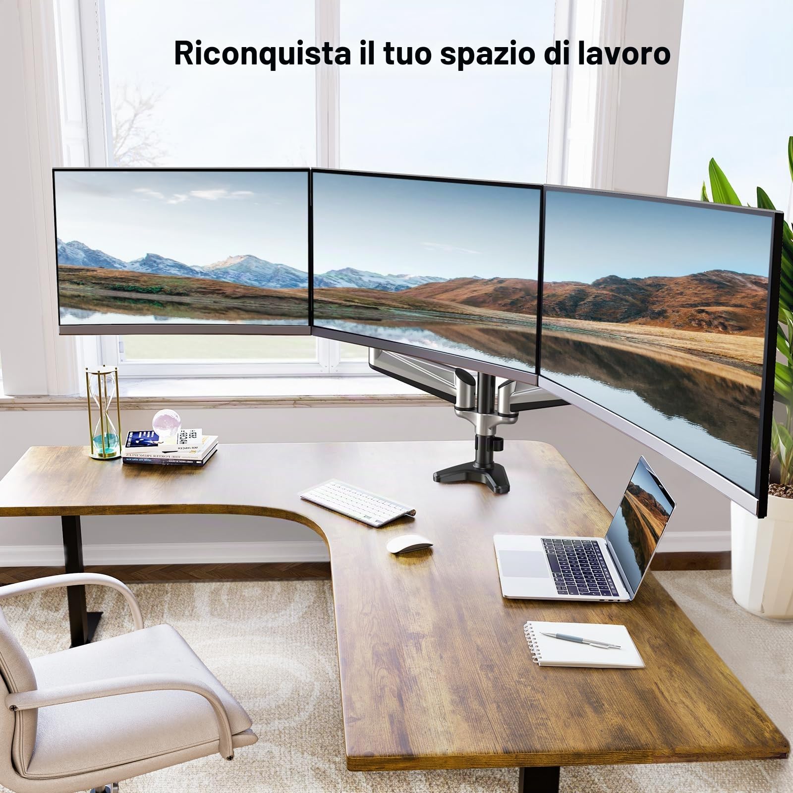 HUANUO Supporto per Monitor Triplo per Schermi Curvi da 13-32 Pollici, Braccio per Monitor Regolabile, Supporto per Monitor con molla a Gas, Capacità di Peso 8KG per Braccio