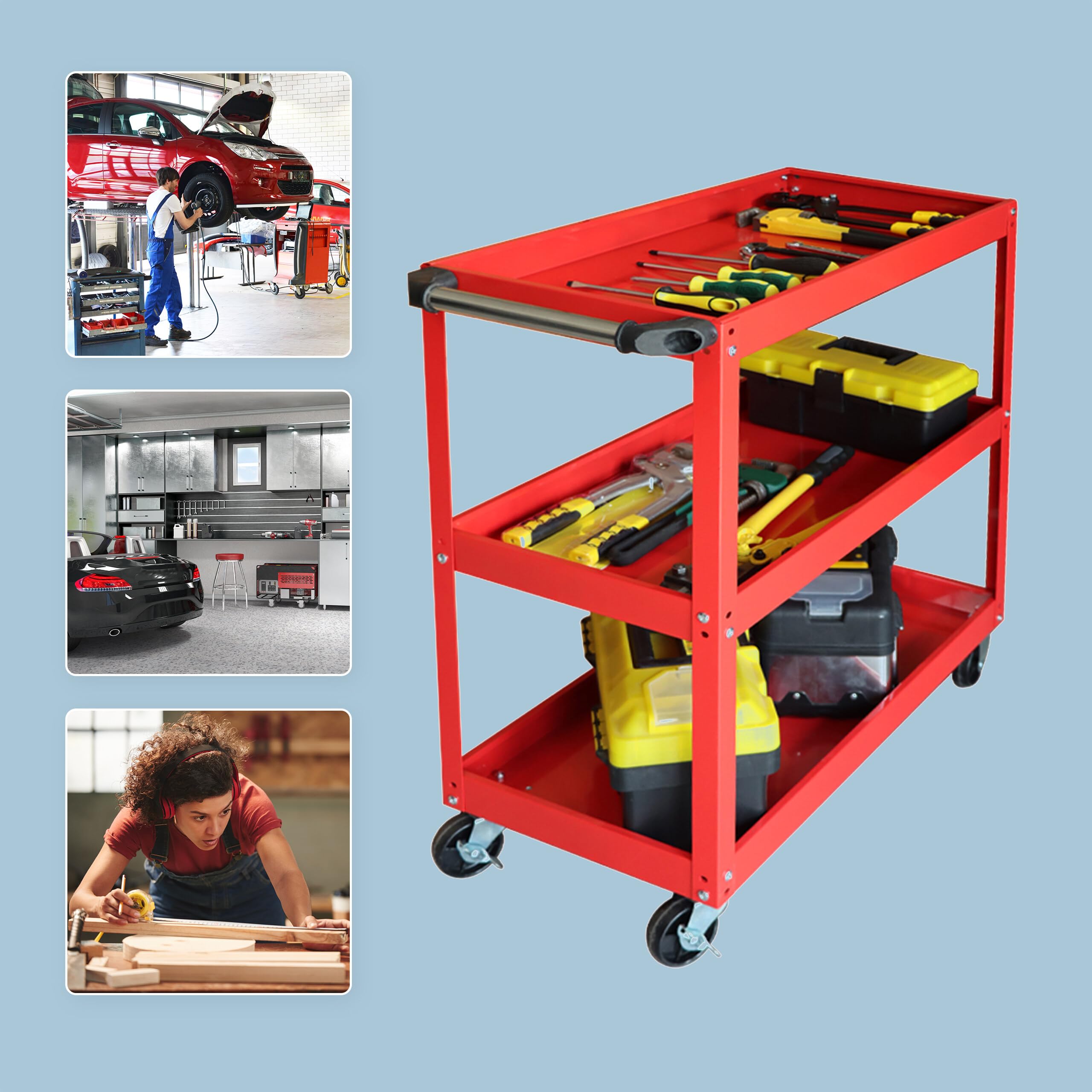 Relaxdays Chariot d'atelier 3 Niveaux, Mobile, 100 kg, 82,5x84x41 cm, Rouge