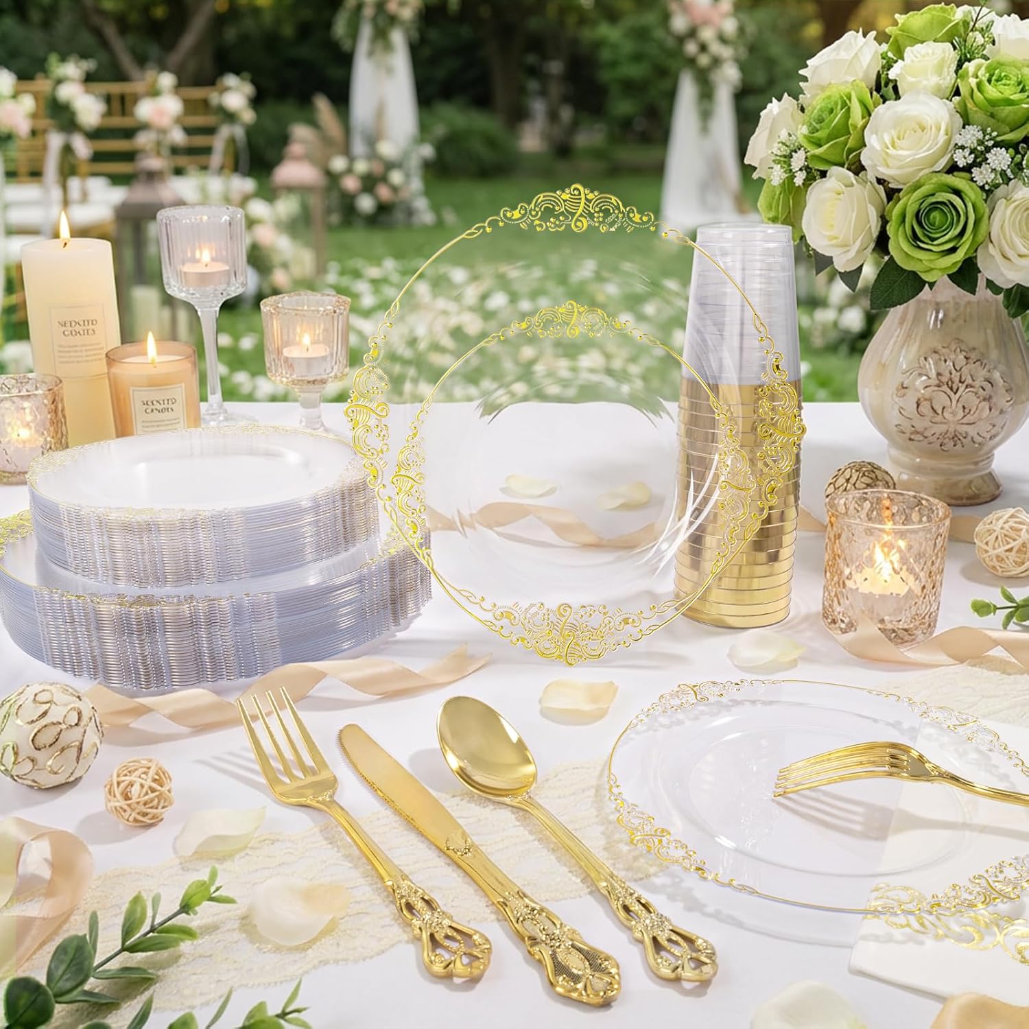 YOUBET 700PCS Clear Gold Plastic Plates - Elegant Gold Plastic Dinnerware Set Include 200 Disposable Plates, 300 Heavy Duty Silverware, 100 Cups, 100 Napkins for Wedding Party - Image 5