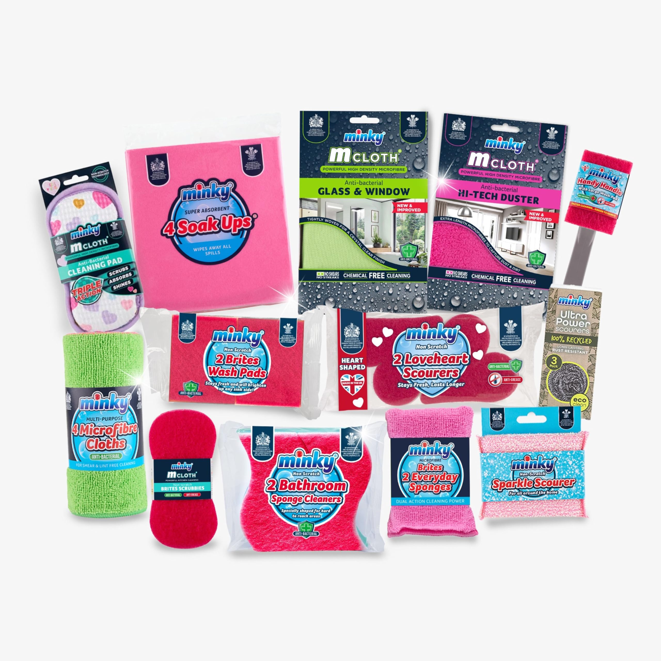 Minky Love Your Home Cleaning Essentials Kit, 13 Cleaning Products Bundle with Microfibre Cloth, Sponges & Scourers, Complete Set for a Sparkling Clean Home