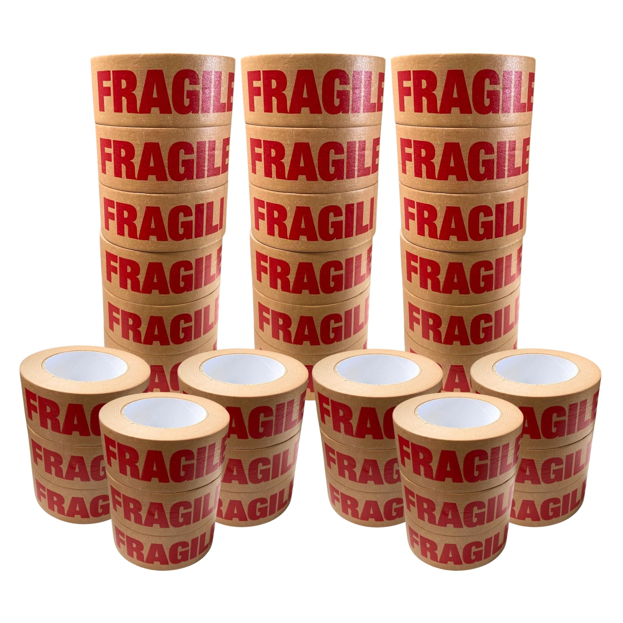 PACKY® 36 Rolls Fragile Kraft Paper Tape 50mm x 50m – Heavy-Duty Brown Self-Adhesive Packaging Tape for Fragile Items Eco-Friendly Recyclable Easy Tear for Safe Shipping & Parcel Wrapping