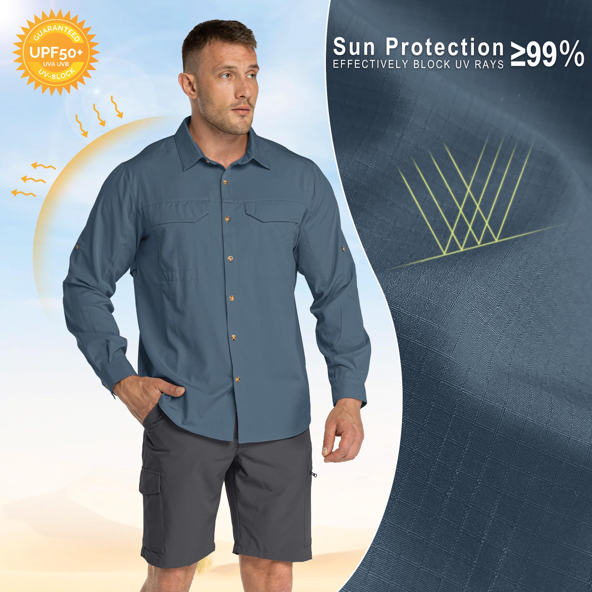 33,000ft UPF50+ - Camicia da uomo funzionale a maniche lunghe, traspirante, con bottoni, per esterni, sport, tempo libero, pesca
