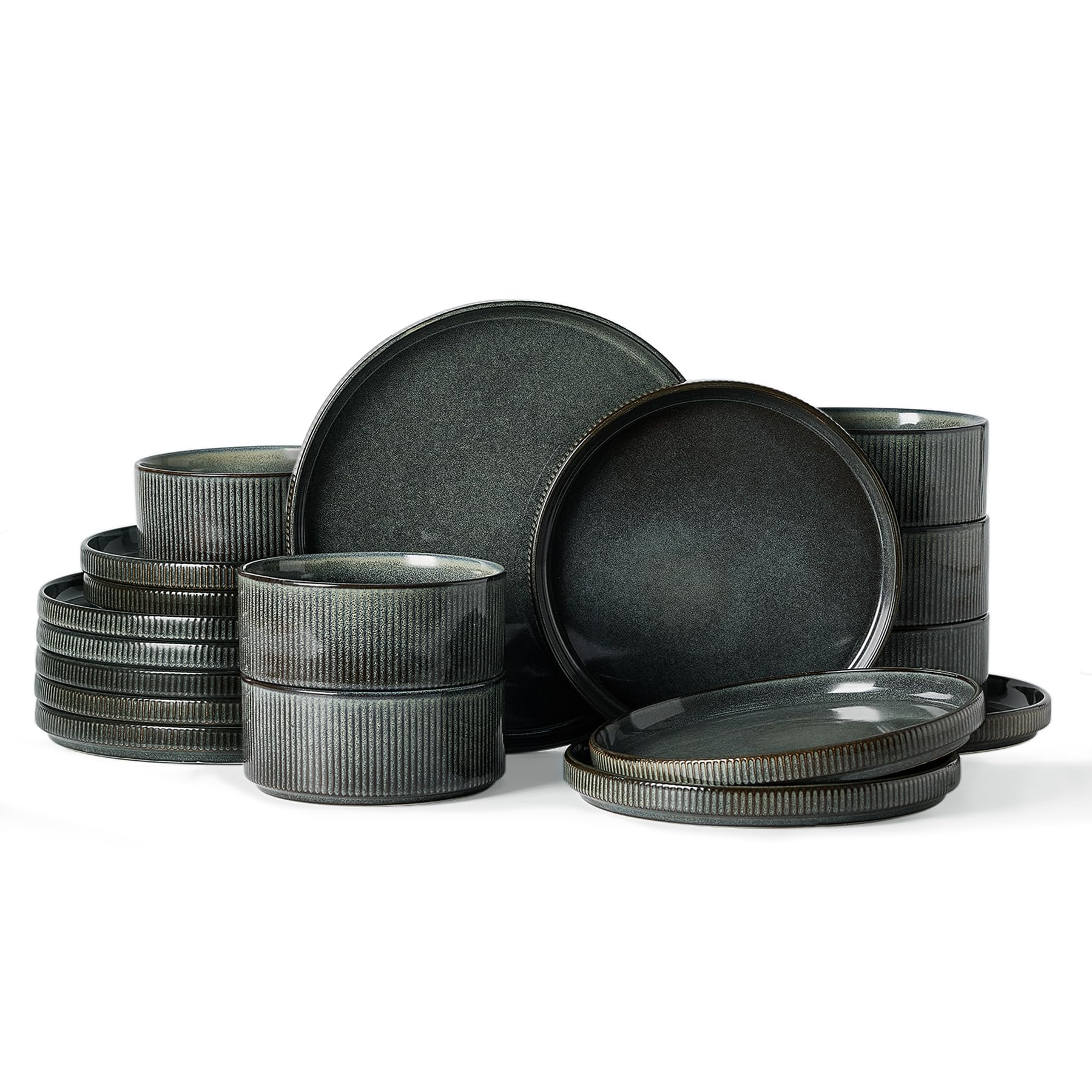 Famiware Star Dinnerware Set, Plates and Bowls Sets for 6 (18pcs), Ribbed Stoneware Dishes - Chip & Scratch Resistant, Microwave & Dishwasher Safe Kitchenware, Deep Forest