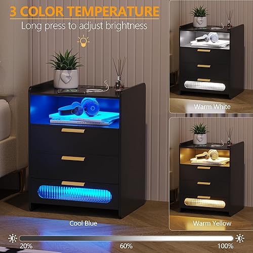 Miniatura 5 de dnbss Mesita de noche con estación de carga, mesita de noche LED con 3 cajones y almacenamiento de 2 niveles, mesa auxiliar de cama para dormitorio,