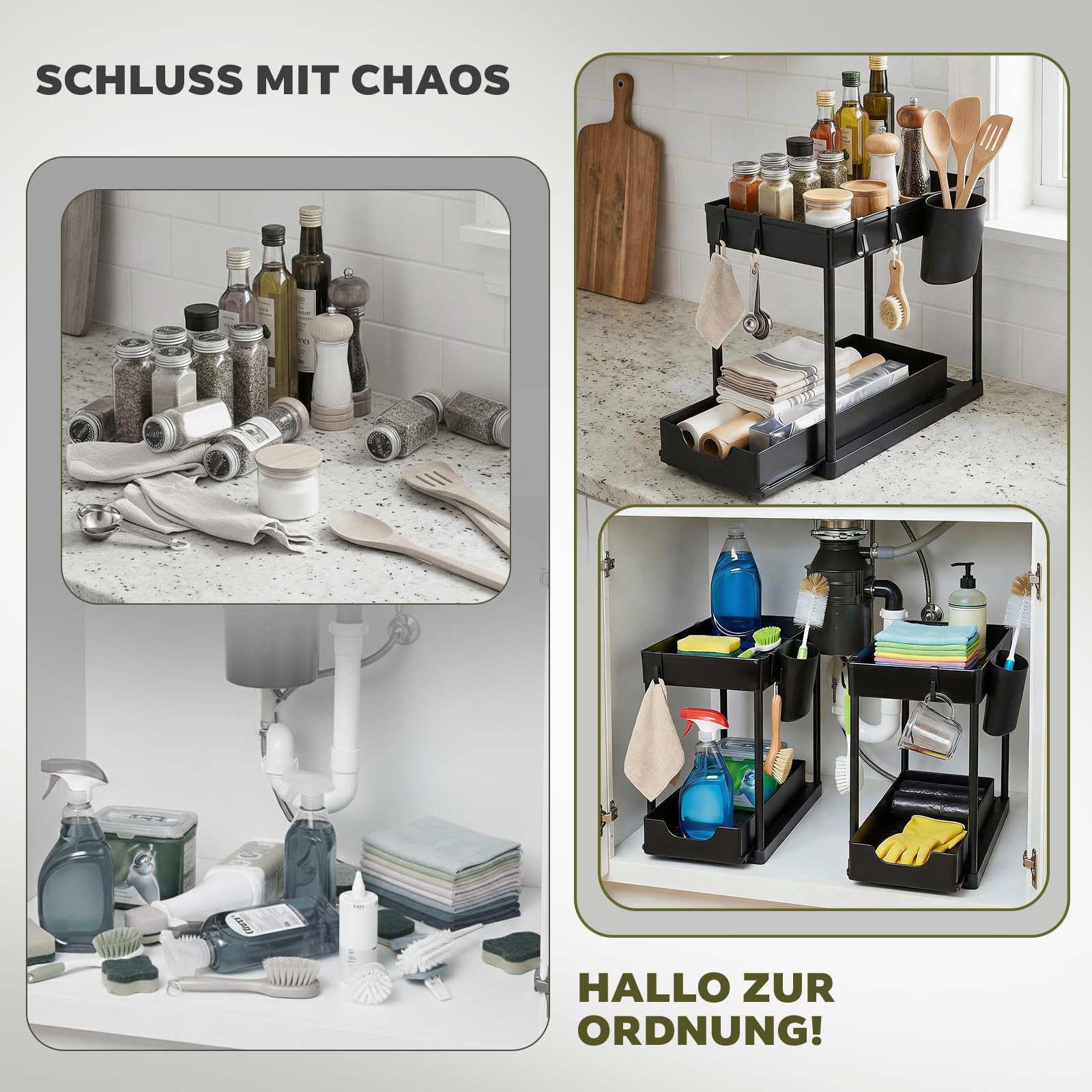 Unter Waschbecken Regal Spülschrank Organizer, 2 Etagen Standregal Küche Arbeitsplatte Regal Organizer, Mehrfunktional Küchenregal Gewürzregal Unterschrankregal Spülschrankregal, Schwarz