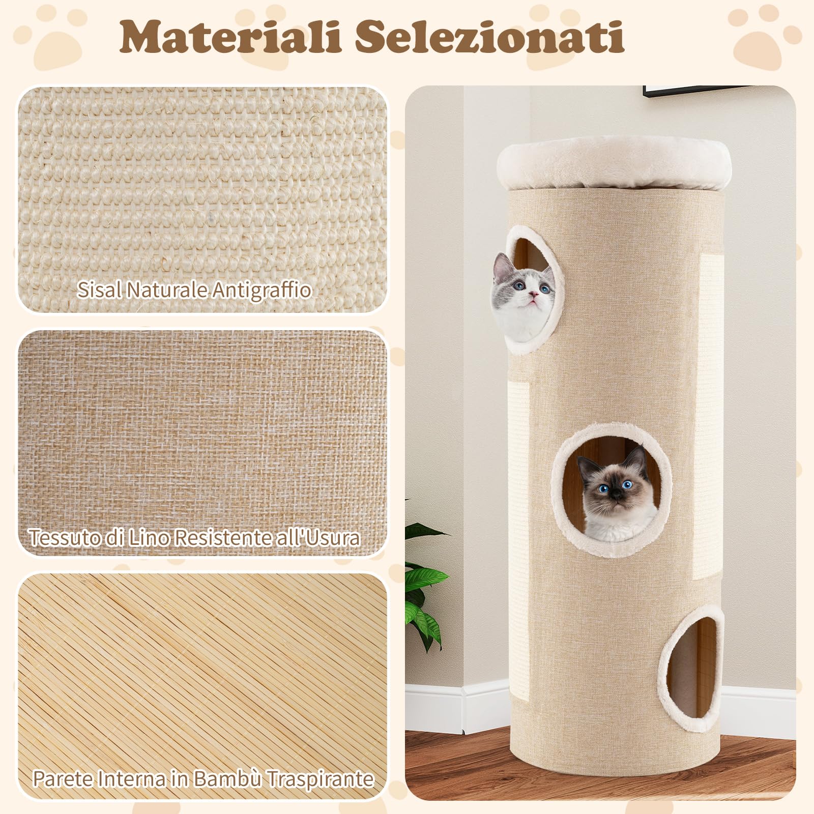 GYMAX Albero per Gatti a Forma di Barile, Casa a Più Livelli con 3 Ingressi e Letto in Pile Rimovibile, Torre da Interno con Copertura Rimovibile e Tiragraffi, per Gatti Adulti e Gattini, Beige