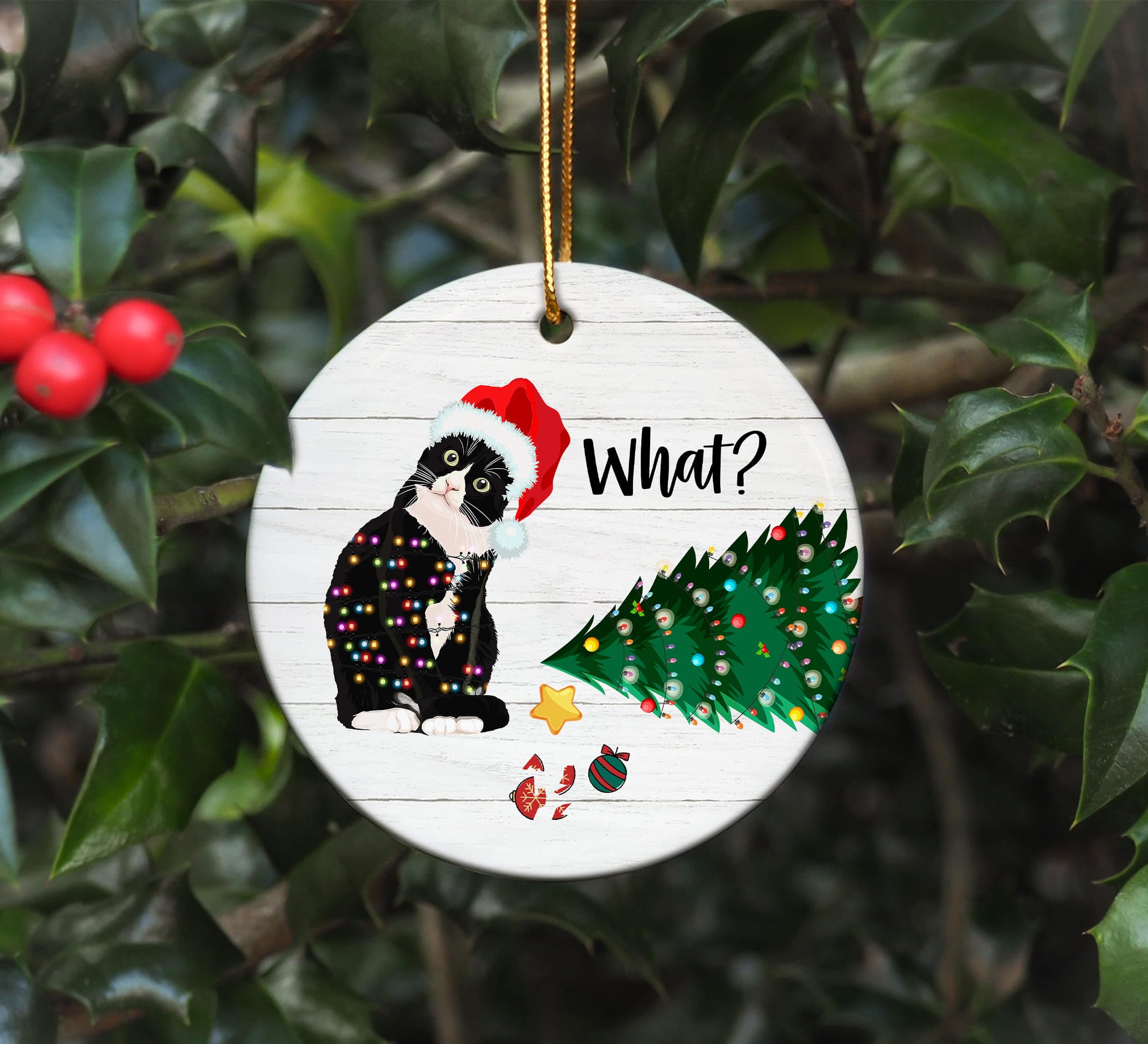 WOCONWOR Tuxedo Cat Ornaments, Funny Cat Christmas, Xmas Ornaments, Christmas Tree Hanging, Ceramic Christmas Ornament