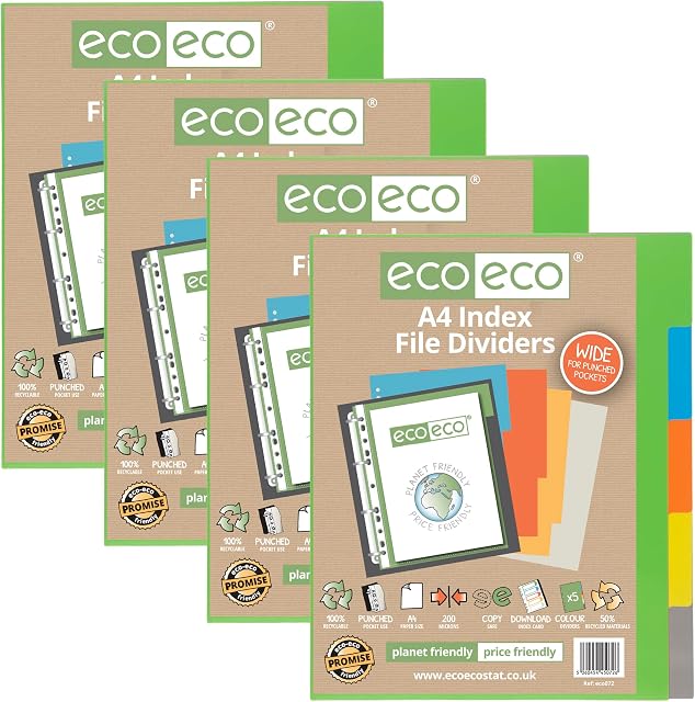 eco-eco A4 50% Recycled Multipunched Reinforced Colour Set 5 Extra Wide Subject Index File Dividers 200mic (Pack of 4) eco072x4