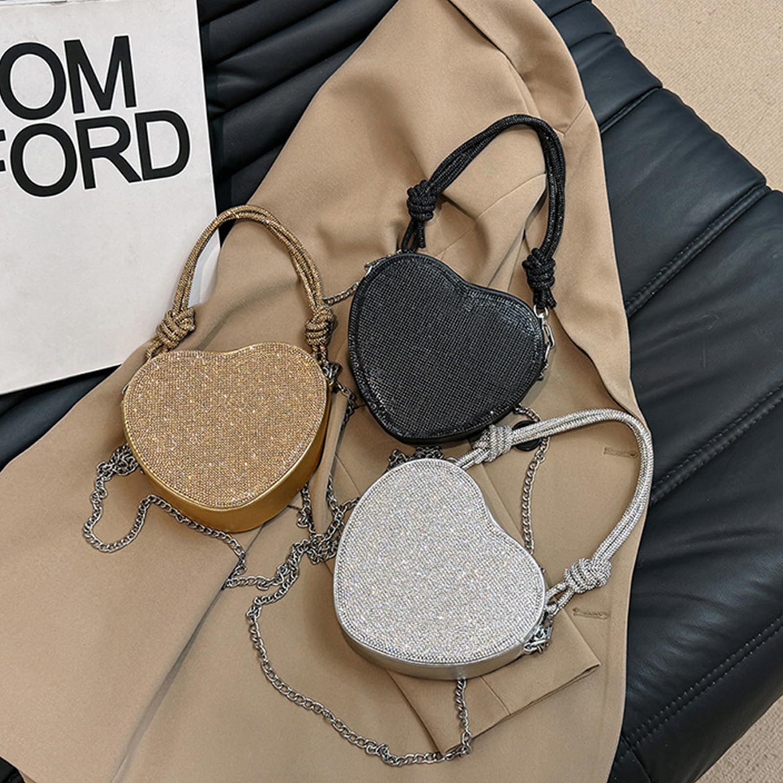 CORIOS Damen Herzform Abendtasche Strass Clutch Tasche Abnehmbarer Kette Handtasche Glitzer Schultertasche Elegant Umhängetasche Klein Tasche für Abendparty Hochzeit Silber