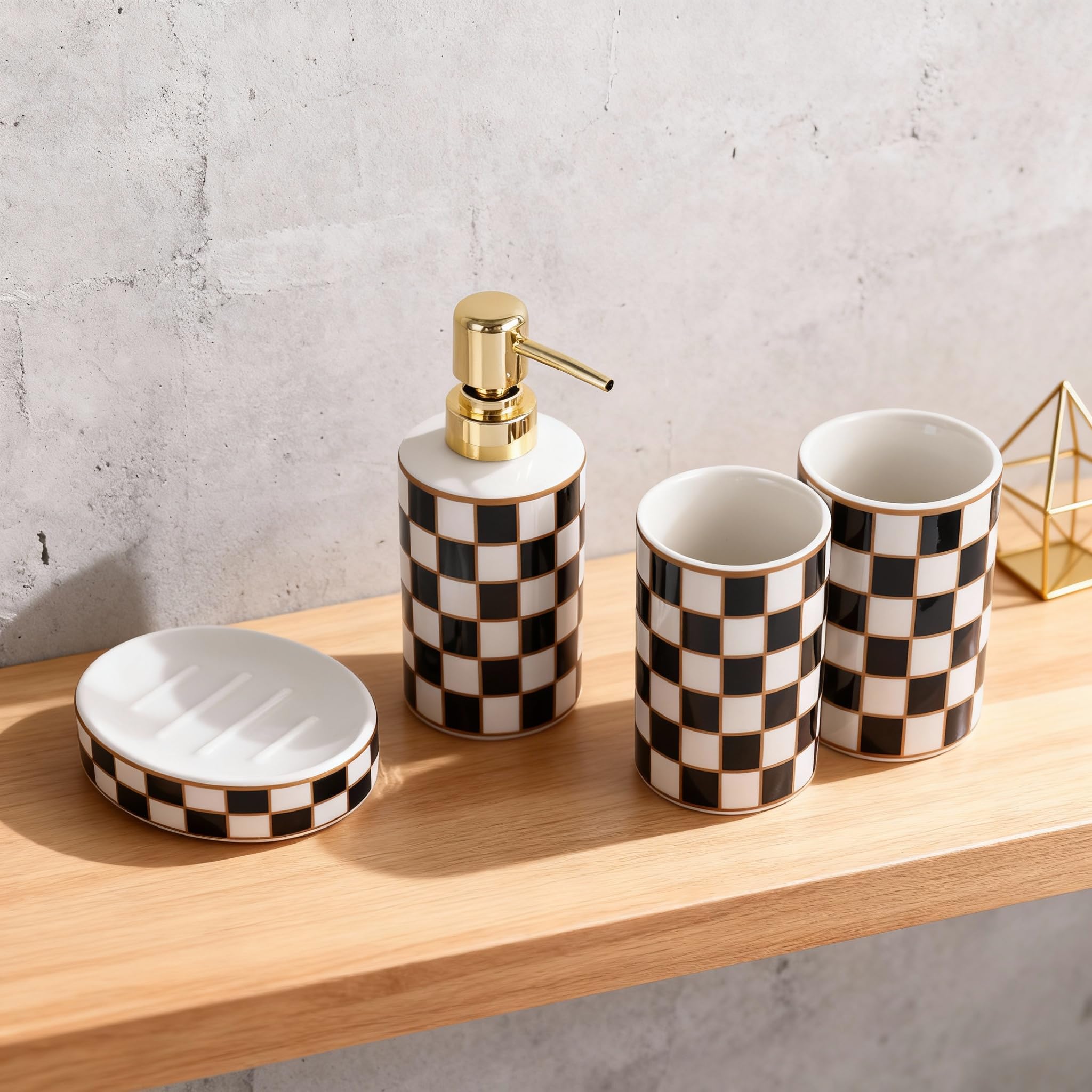 Badezimmer-Zubehör-Set aus Keramik, kariert, 4-teiliges Set mit Seifenspender, Zahnbürstenhalter, Zahnputzbecher, Seifenschale, schwarz-weißes Gitter, moderne Badezimmer-Dekoration für und