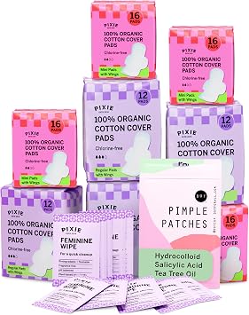 Pixie Organic Cotton Pad Kit for Girls   64ct Mini & 48ct Regular Pads with Wipes   Leak-Proof with Wings   Perfect for Teens & Light to Average Flow