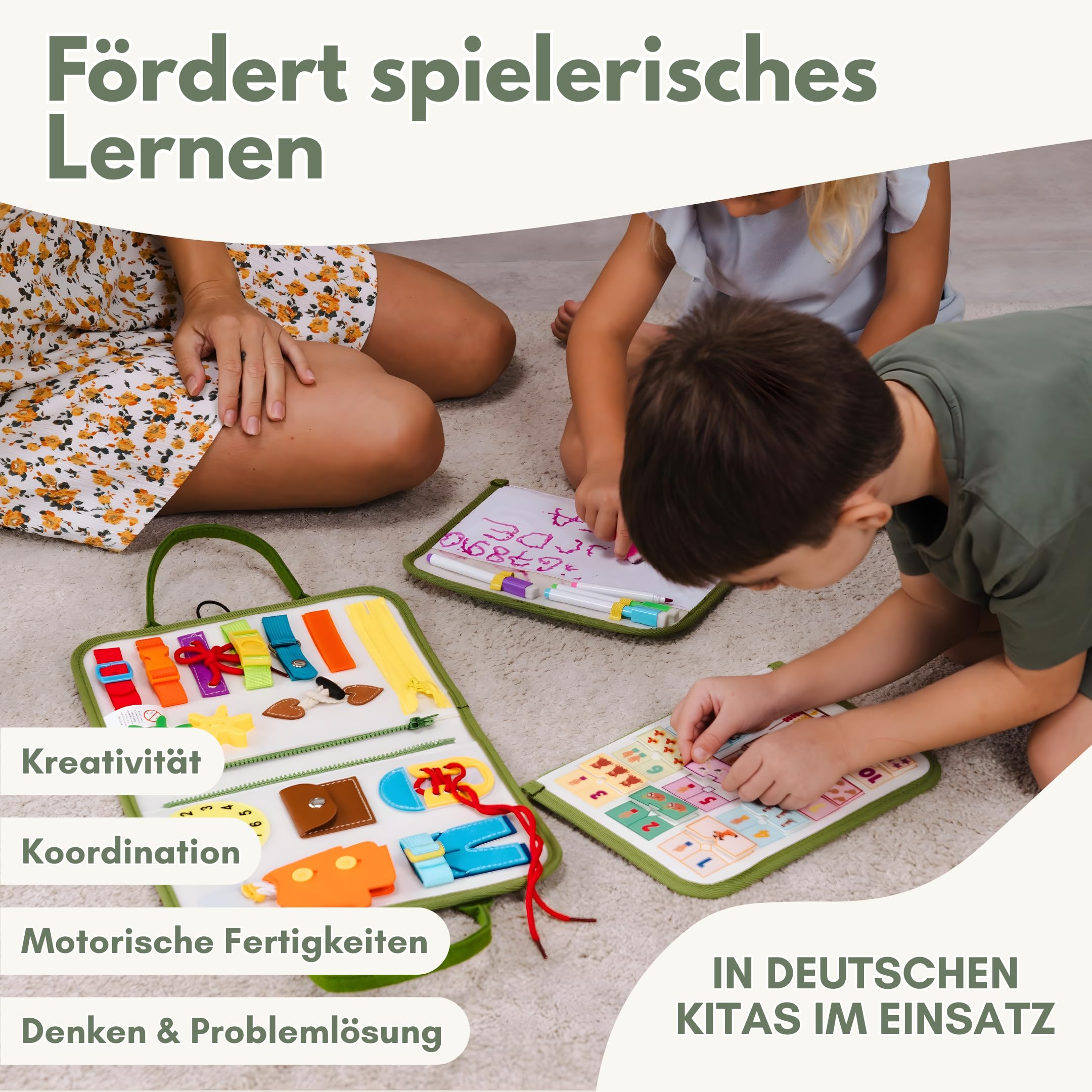 Lion's Collection Busy Board Alemán – Montessori Juguete a partir de 3 años para promover la motricidad y la creatividad – Busy Book & Quiet Book en 6 páginas