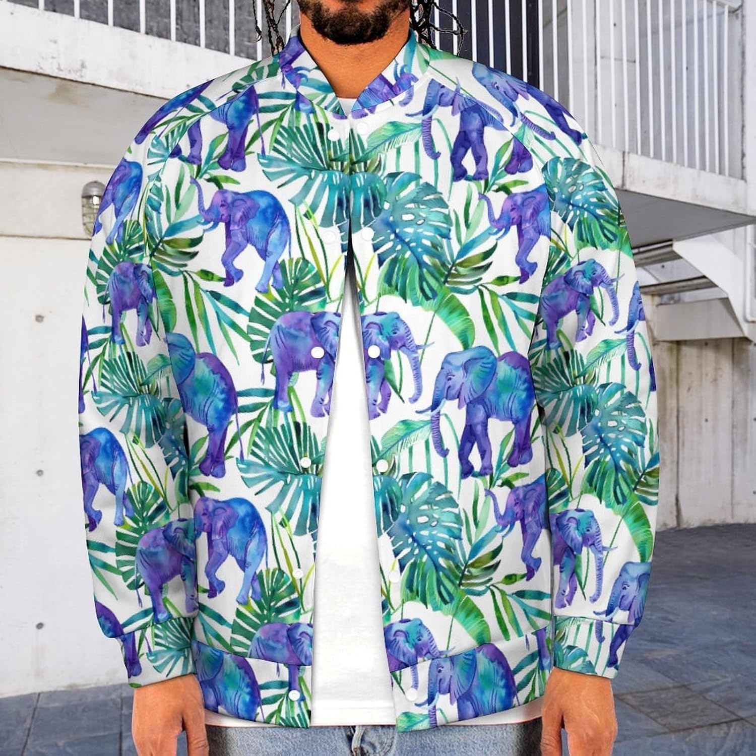 Blue Elephant Leaves Novelty Men's Baseball Jackets Causal Sweatshirt Button Top Long Sleeve Coat