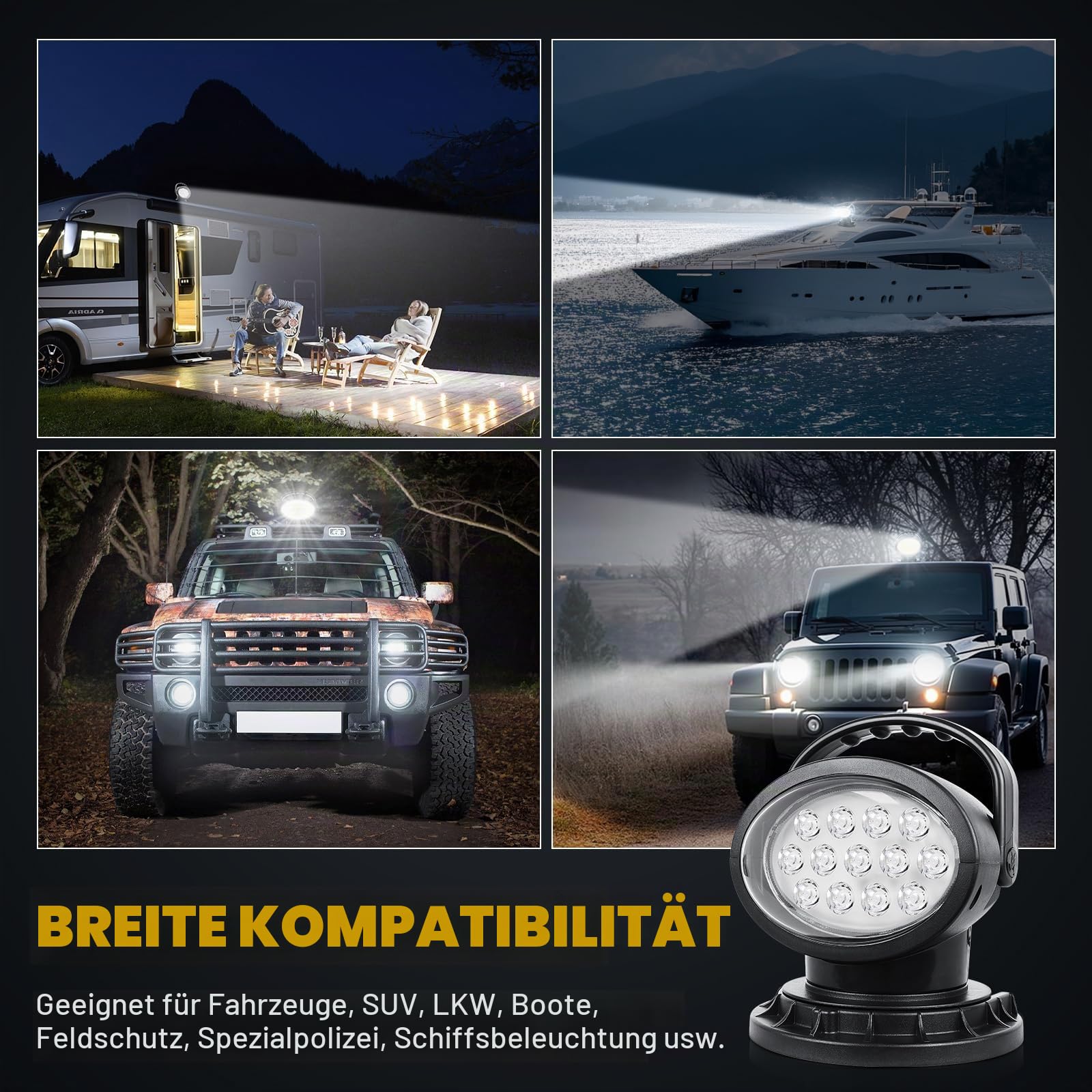 50W LED-Suchscheinwerfer mit Fernbedienung, 360° Drehbares LED-Arbeitsscheinwerfer, Starke eingebaute Magnete, Helligkeit einstellbar, 12V 24V Scheinwerfer für LKW Boote Jagd