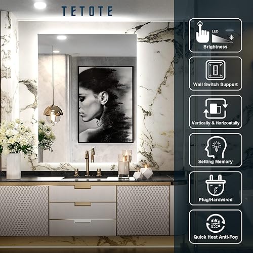 Miniatura 7 de TETOTE - Espejo retroiluminado para baño con luz botón táctil regulable y función antivaho horizontal o vertical