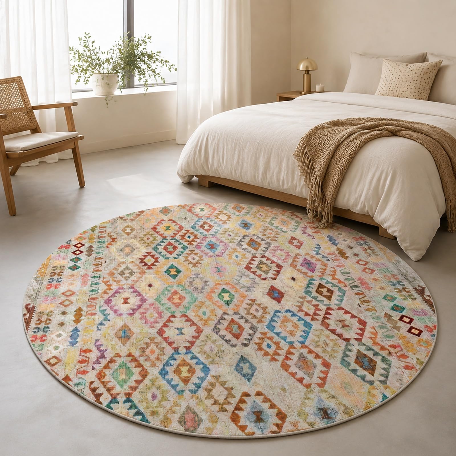 Tappeto Rotondo, Retro Blu, Rosso, Verde, Rosa, Arancione, Grigio, Colorato, 150 cm (personalizzato),Decorazioni Soggiorno, Lavabile in Lavatrice Antiscivolo