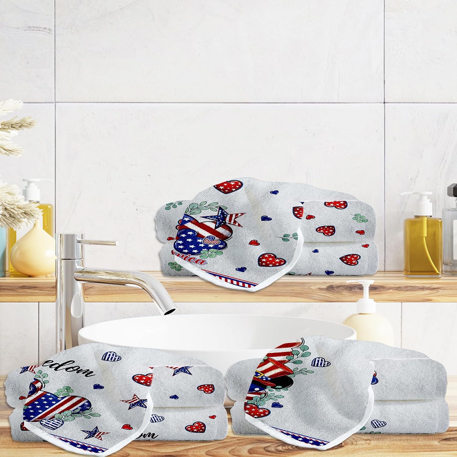Romart 4th of July Kitchen Towels Set of 4, Cartoon Mouse Eucalyptus Leaves America Freedom Patriotic Hand Towels for Bathroom Home Kitchen Decorations 16 x 24 Inches
