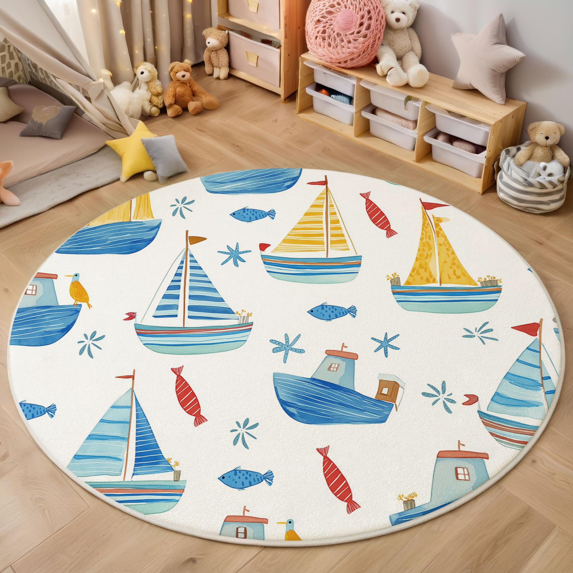 Moquette douce tapis rond aquarelle mignon voilier et poisson 120cm