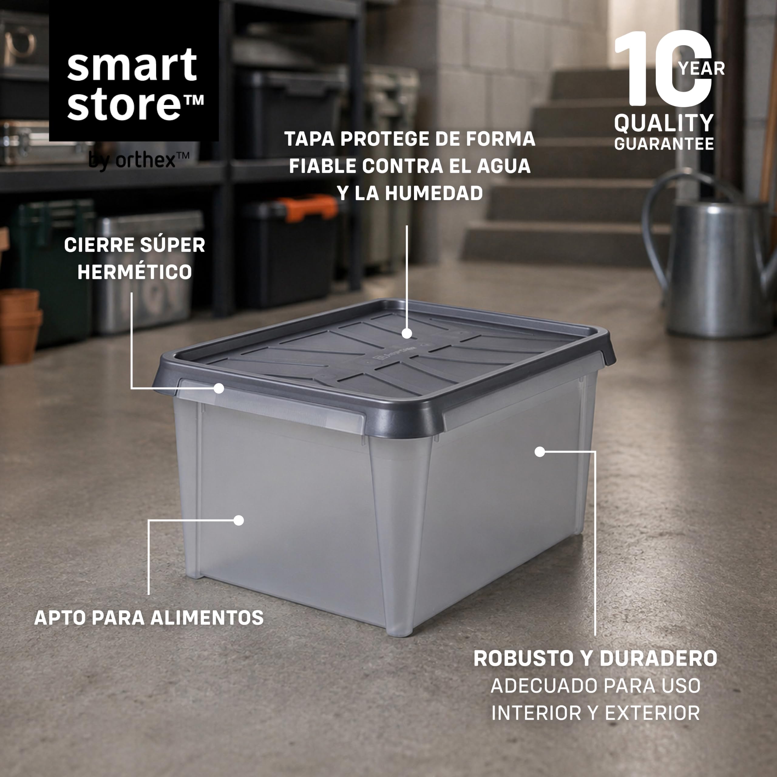 SmartStore Caja Almacenaje con Tapa 34 L I Pack 6 Cajas Apilables I 50 x 40 x 27 cm I Impermeable, Antipolvo I Garaje, Trastero, Sótano I Apta Alimentos I Made in Sweden 10 Años