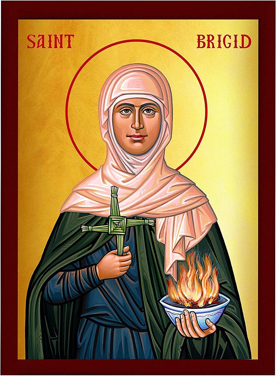Saint Brigid icon, Handmade Greek Catholic Orthodox icon of St Brigid of Ireland, Byzantine art wall hanging wood plaque religious decor