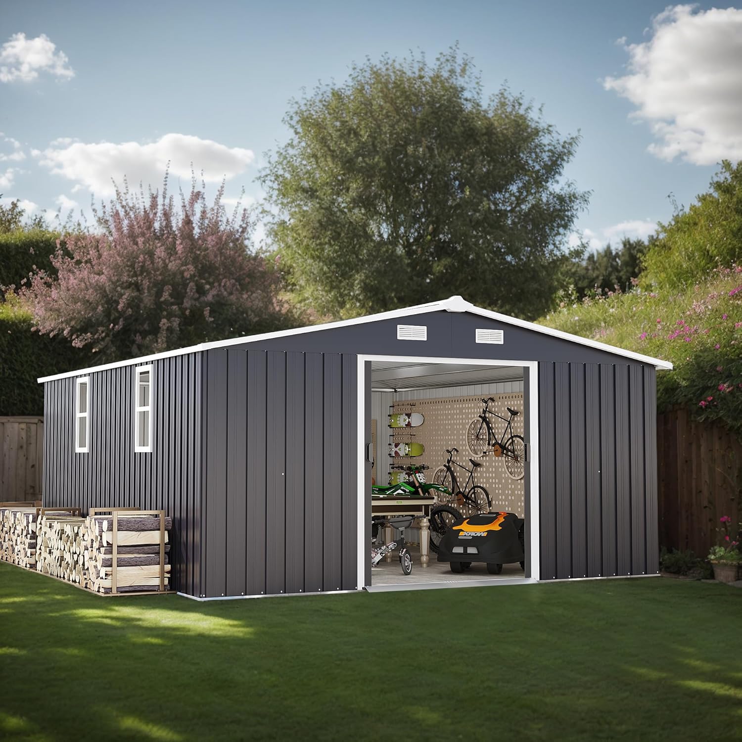 10x12 FT Outdoor Storage Shed, Extra Large Metal Shed with Lockable Doors,Vent & 2 Windows, All-Weather Tool Shed Storage House for Backyard,Garden,Patio, Lawn, Dark Gray