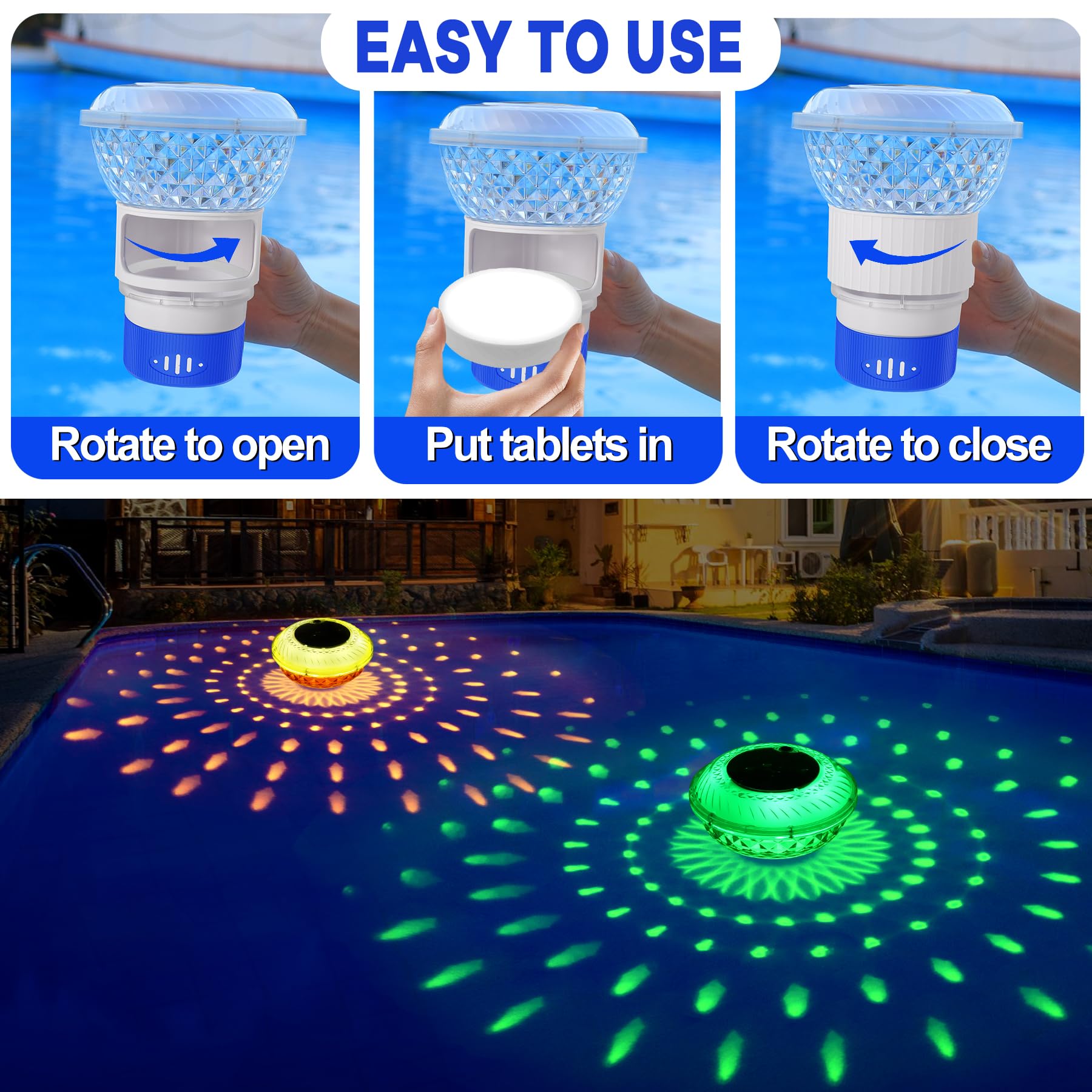 DeeprBling Diffuseur Chlore Piscine avec Solaire Lumière Marquise, Flotteur Chlore Piscine avec Bouton, Diffuseur Piscine Chlore Flottant à LED Changeant Couleur, Distributeur Chlore Flottant Piscine