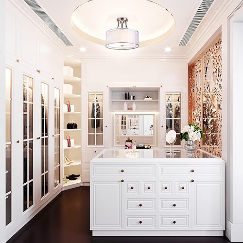 Miniatura 2 de Edvivi Lámpara de techo semiempotrada de níquel cepillado de 3 luces, pantalla de tela de doble tambor, modernas lámparas de techo para sala de