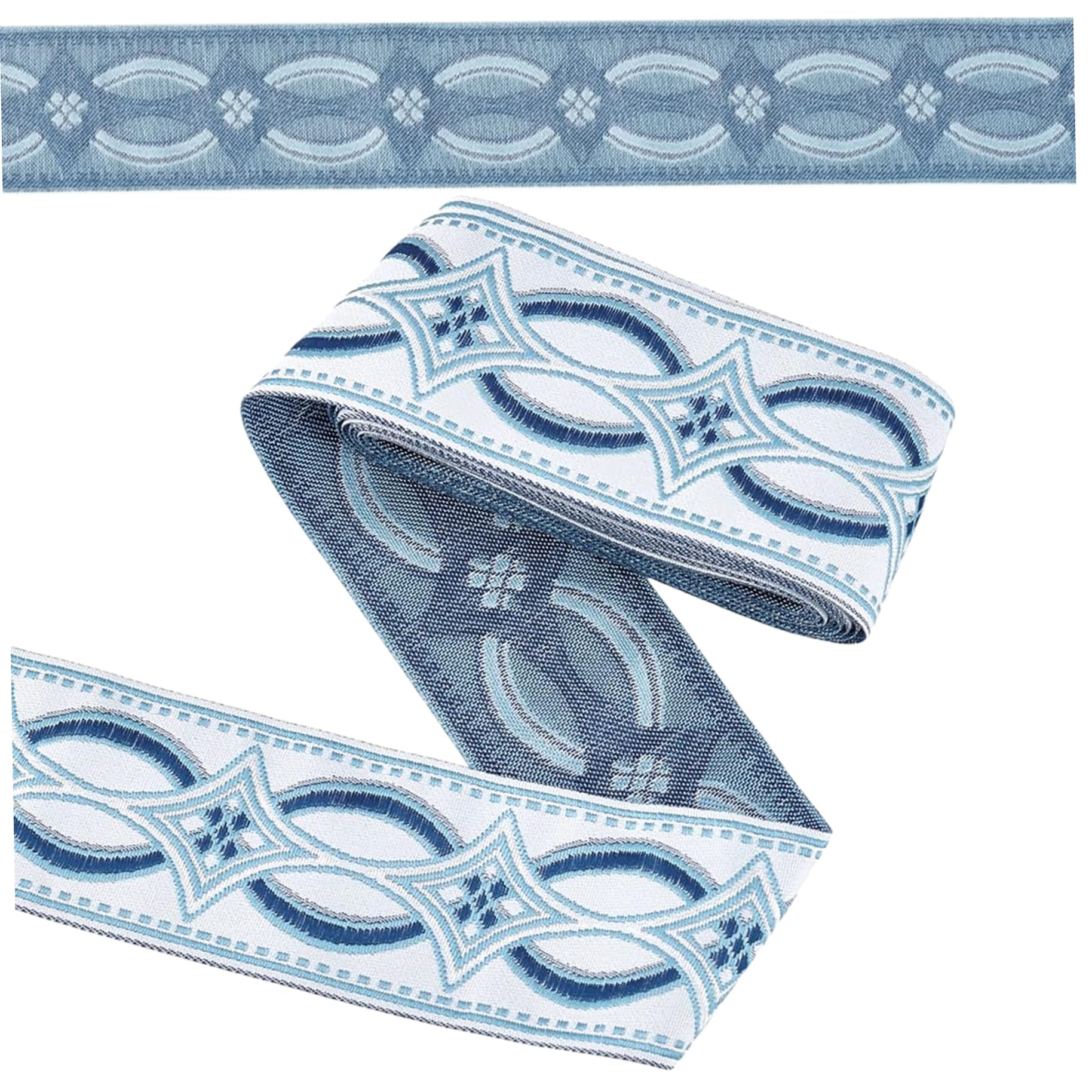Ruban jacquard à motif clé grecque bleue pour sublimer vos rideaux et coussins de salon