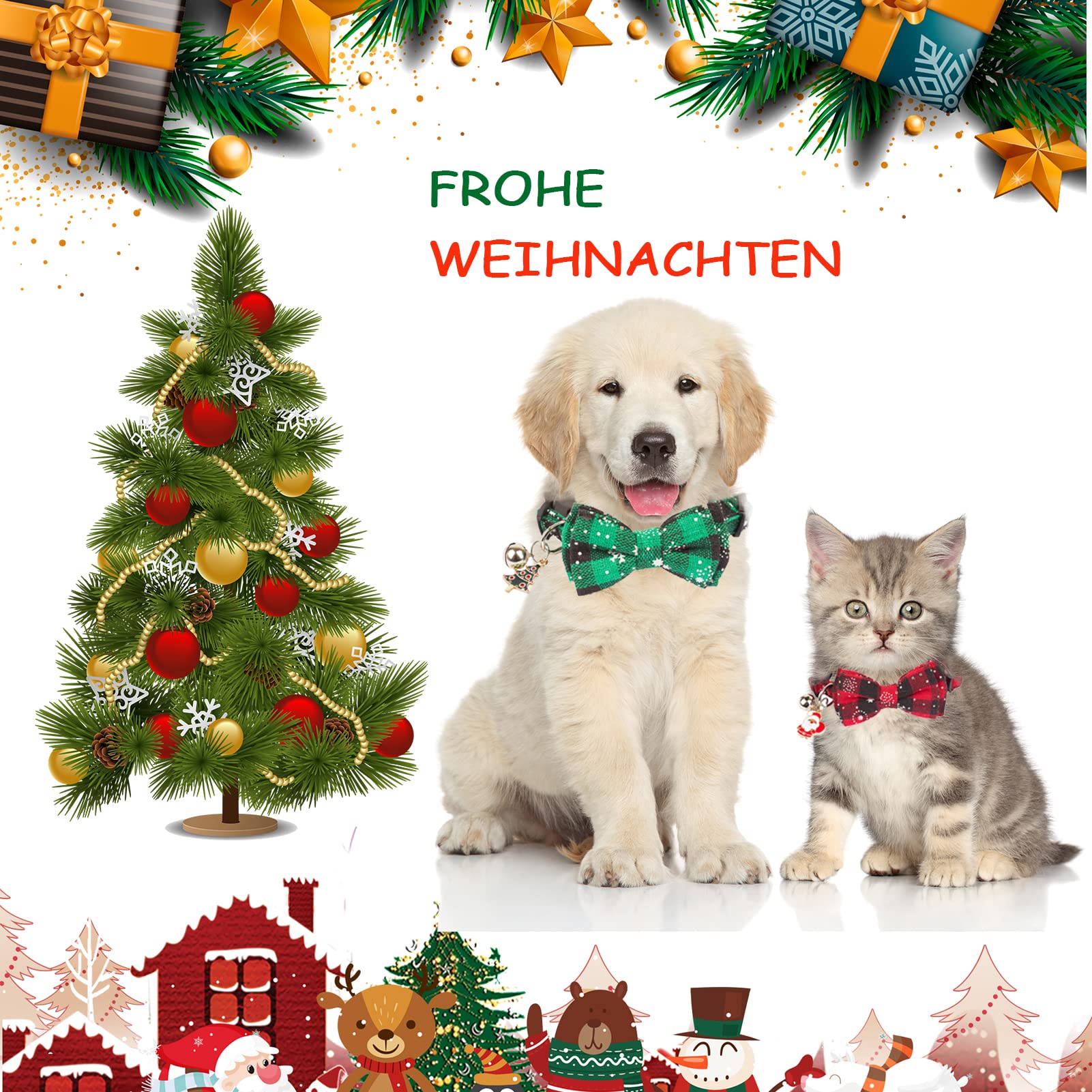 4er-Set Weihnachts-Katzenhalsbänder Mit Glöckchen – Verstellbar 21–33 Cm, Mit Abreißverschluss (Weihnachtsmann, Schneeflocke, Weihnachtsbaum, Kranz)