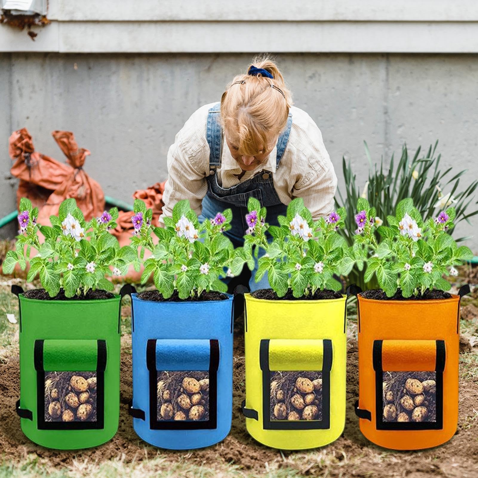 Sacos de Cultivo de Patatas Macetas de Tela para Vivero | 4 piezas contenedores tela cultivo con ventana y asa Zanahorias Cebollas Ajos Rábanos Taro Tomates Jardinería Vivero
